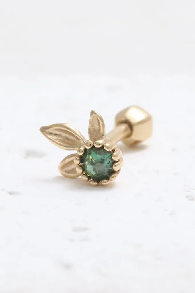 14K 18K Solid Gold Genuine Green Diamond Leaves Elf Flower Stud Cartilage Tragus Helix Conch Lobe Piercing Earring