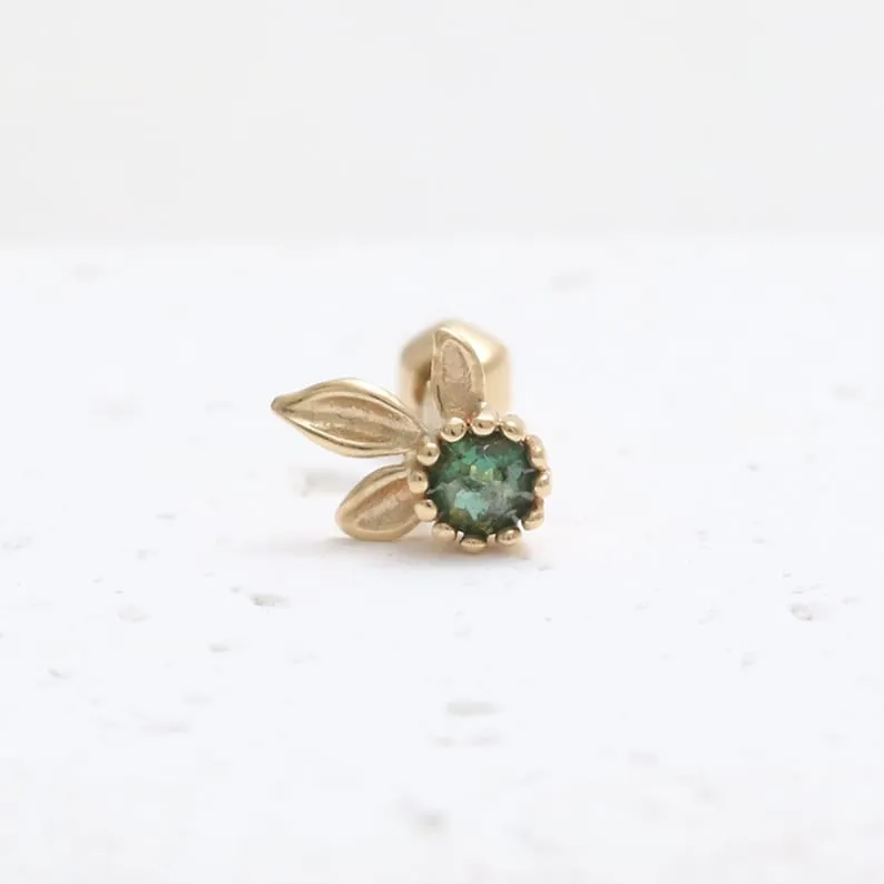 14K 18K Solid Gold Genuine Green Diamond Leaves Elf Flower Stud Cartilage Tragus Helix Conch Lobe Piercing Earring