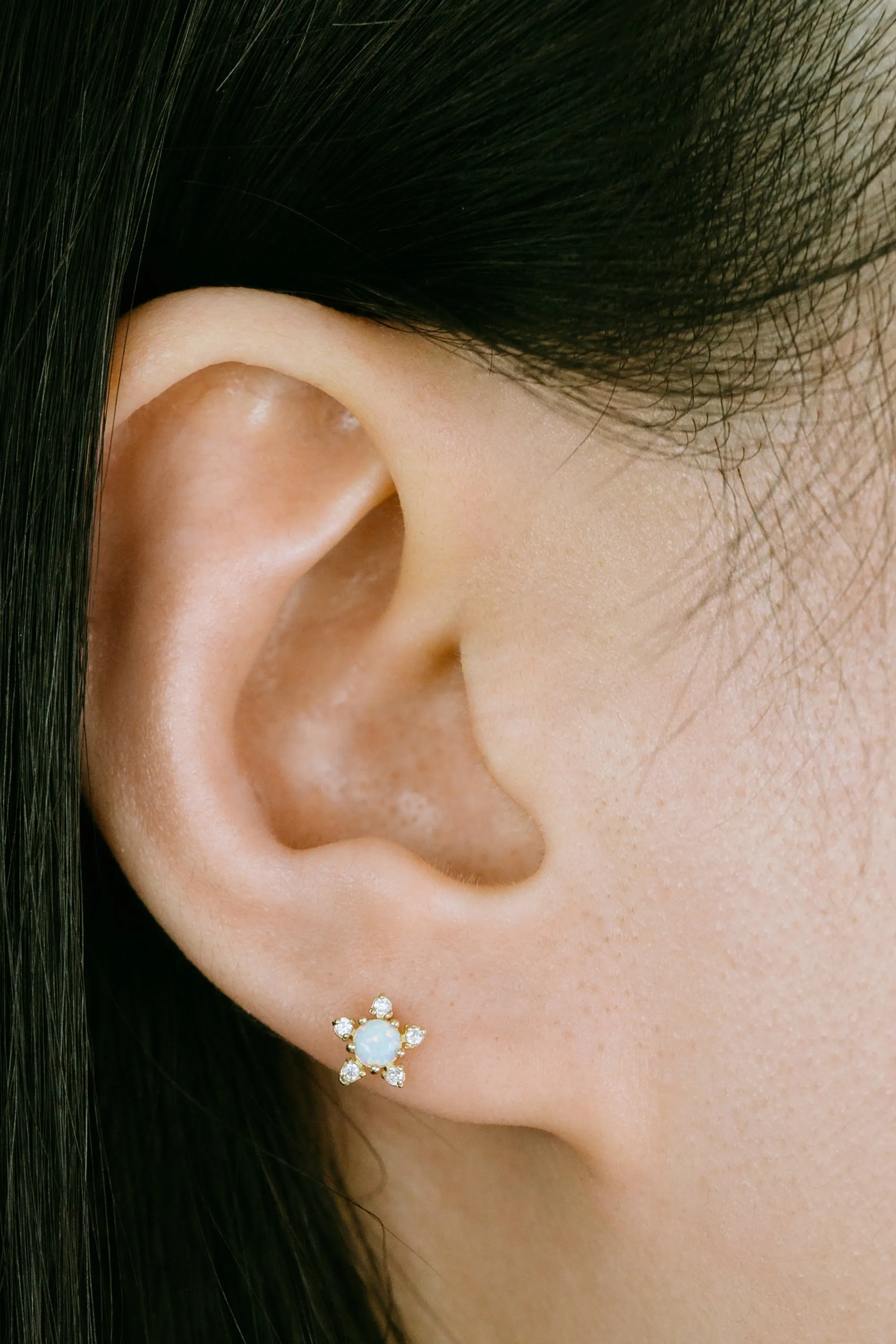 14K Gold Opal CZ or Genuine Diamond Flower Forward Helix Cartilage Tragus Inner Conch Internally Threaded Earring Labret