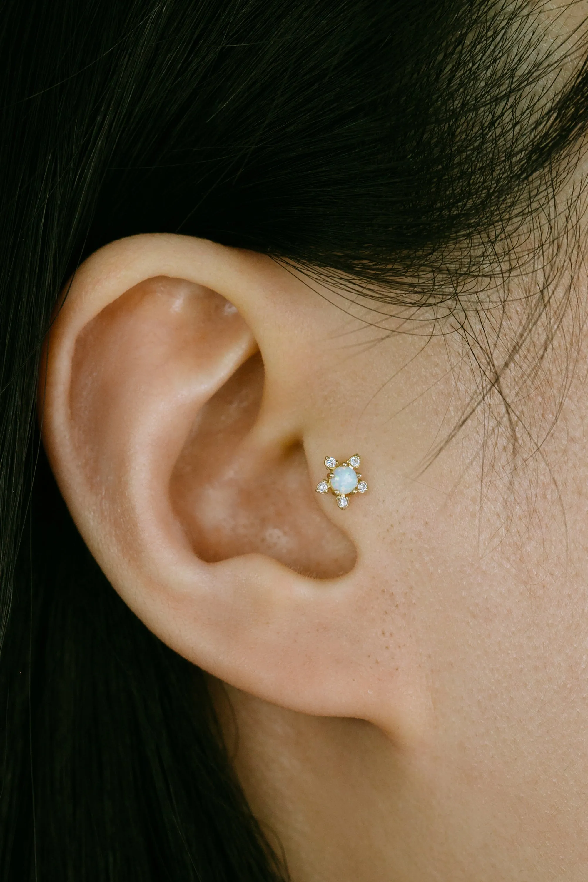 14K Gold Opal CZ or Genuine Diamond Flower Forward Helix Cartilage Tragus Inner Conch Internally Threaded Earring Labret