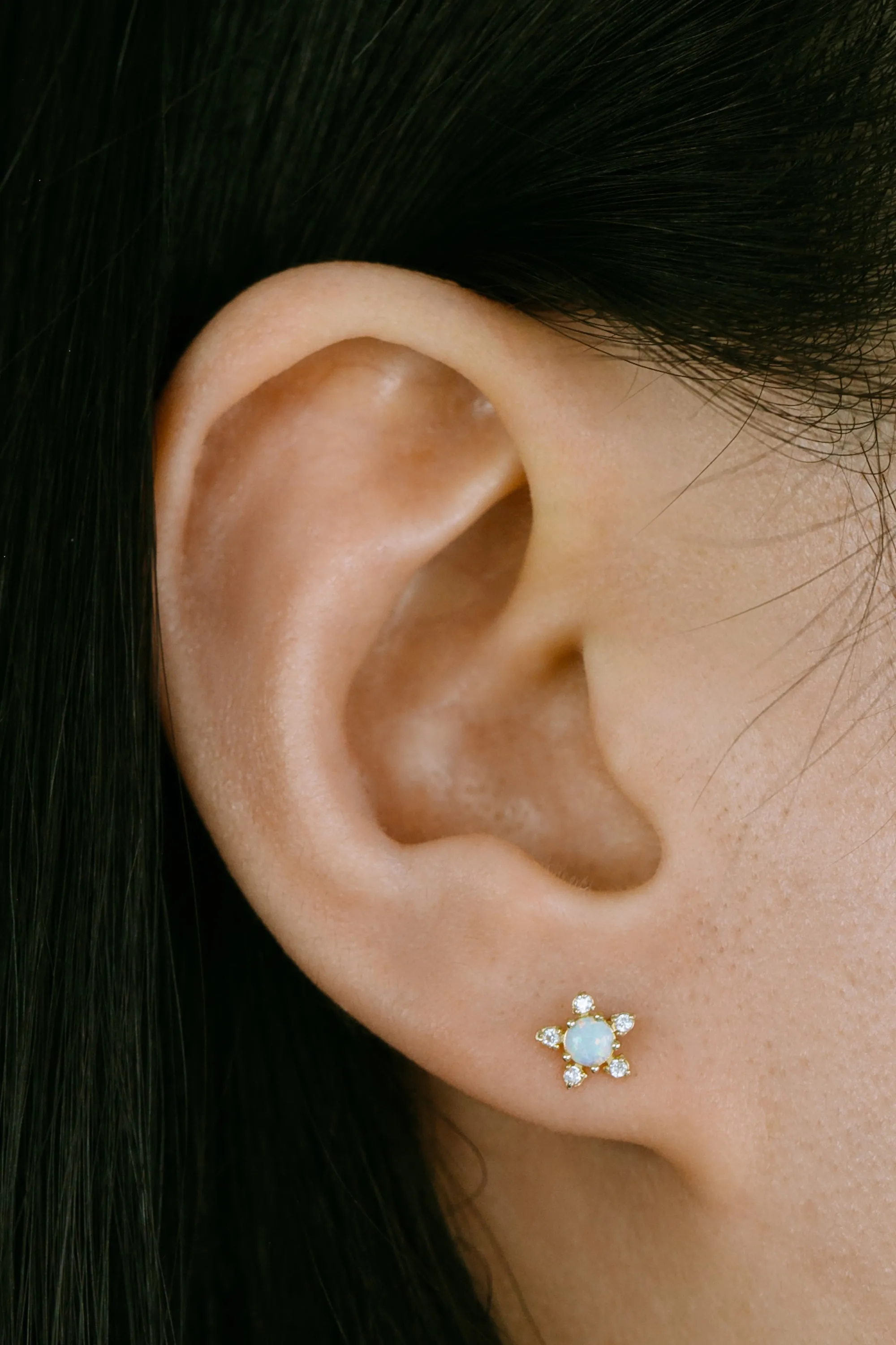 14K Gold Opal CZ or Genuine Diamond Flower Forward Helix Cartilage Tragus Inner Conch Internally Threaded Earring Labret