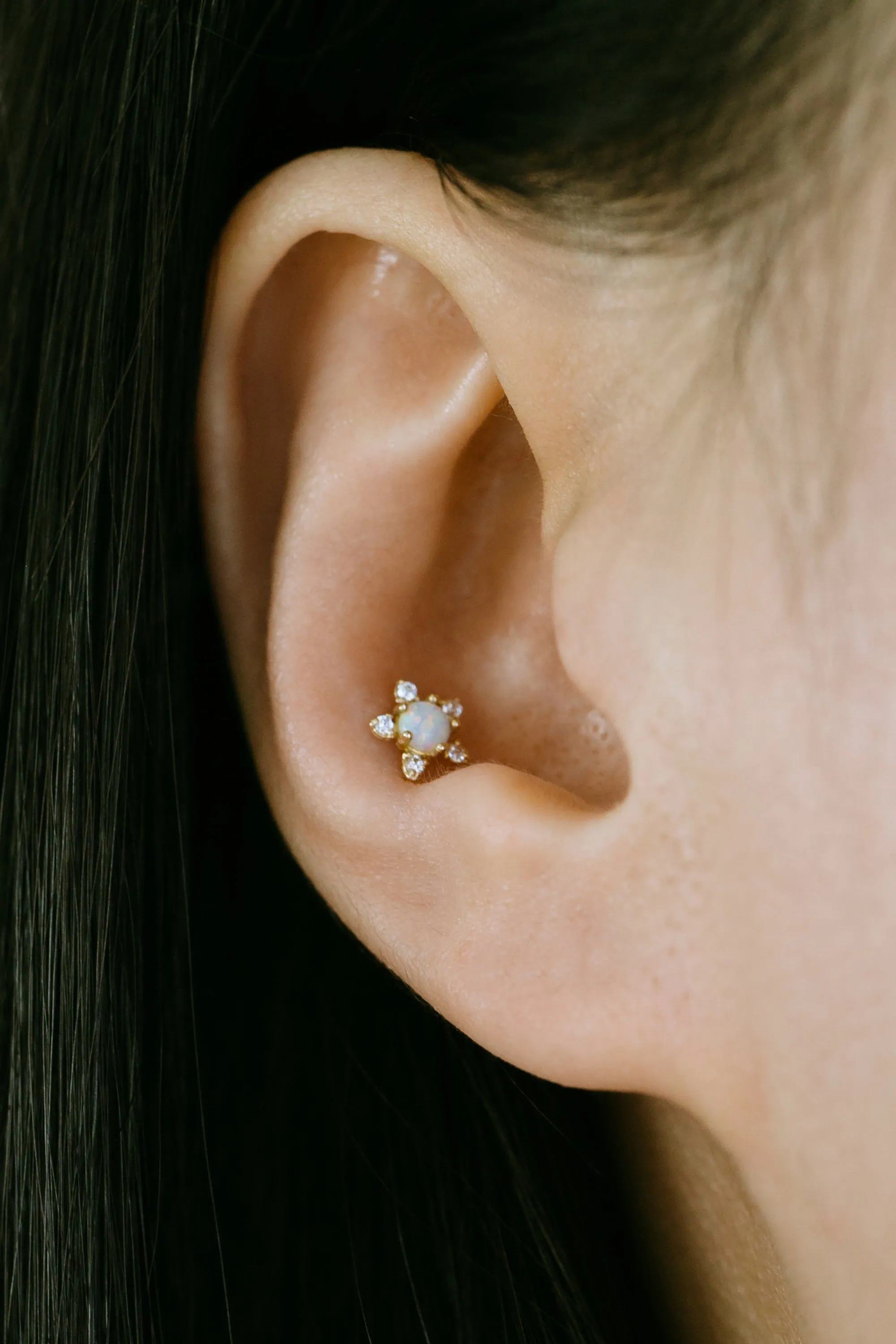 14K Gold Opal CZ or Genuine Diamond Flower Forward Helix Cartilage Tragus Inner Conch Internally Threaded Earring Labret