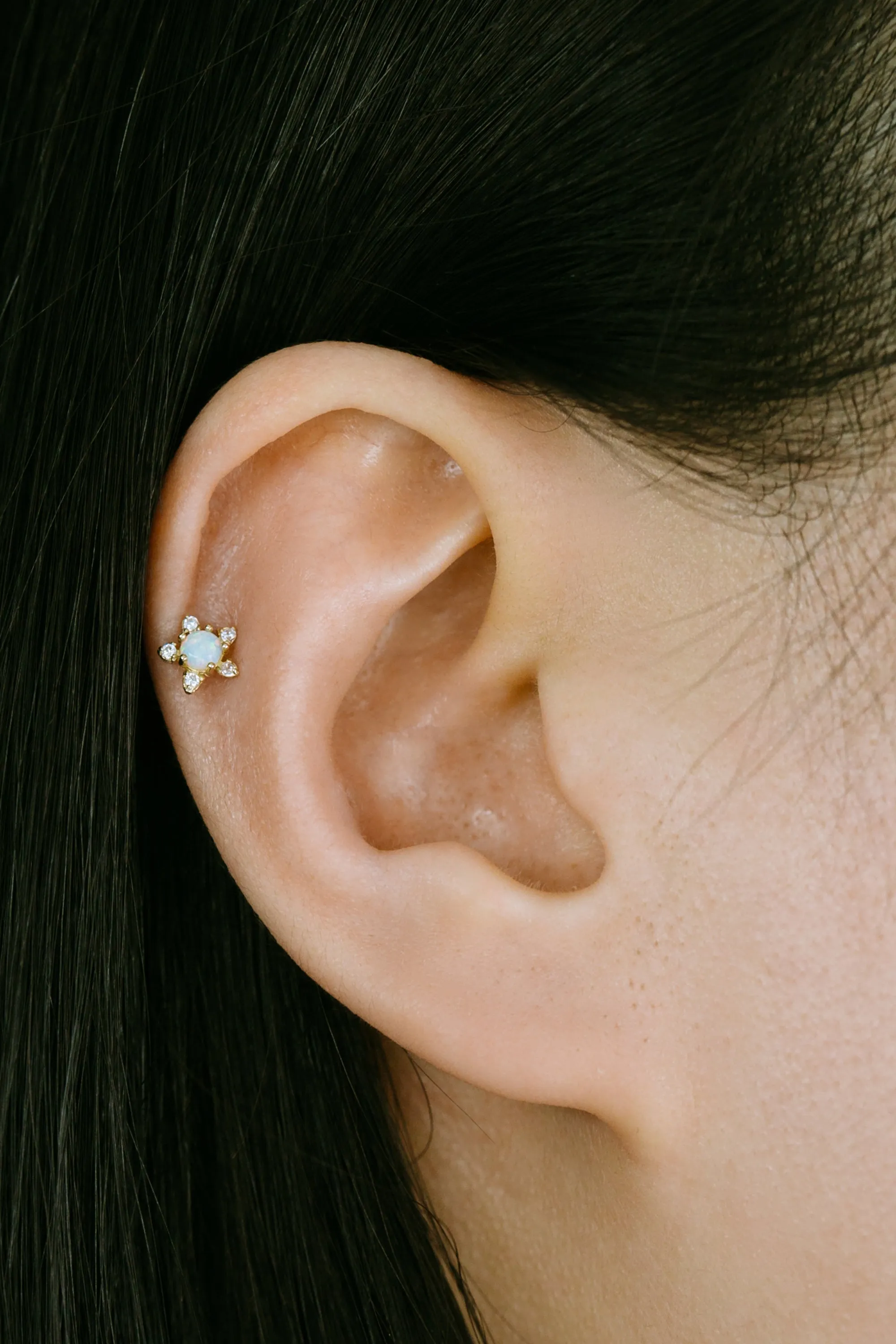 14K Gold Opal CZ or Genuine Diamond Flower Forward Helix Cartilage Tragus Inner Conch Internally Threaded Earring Labret