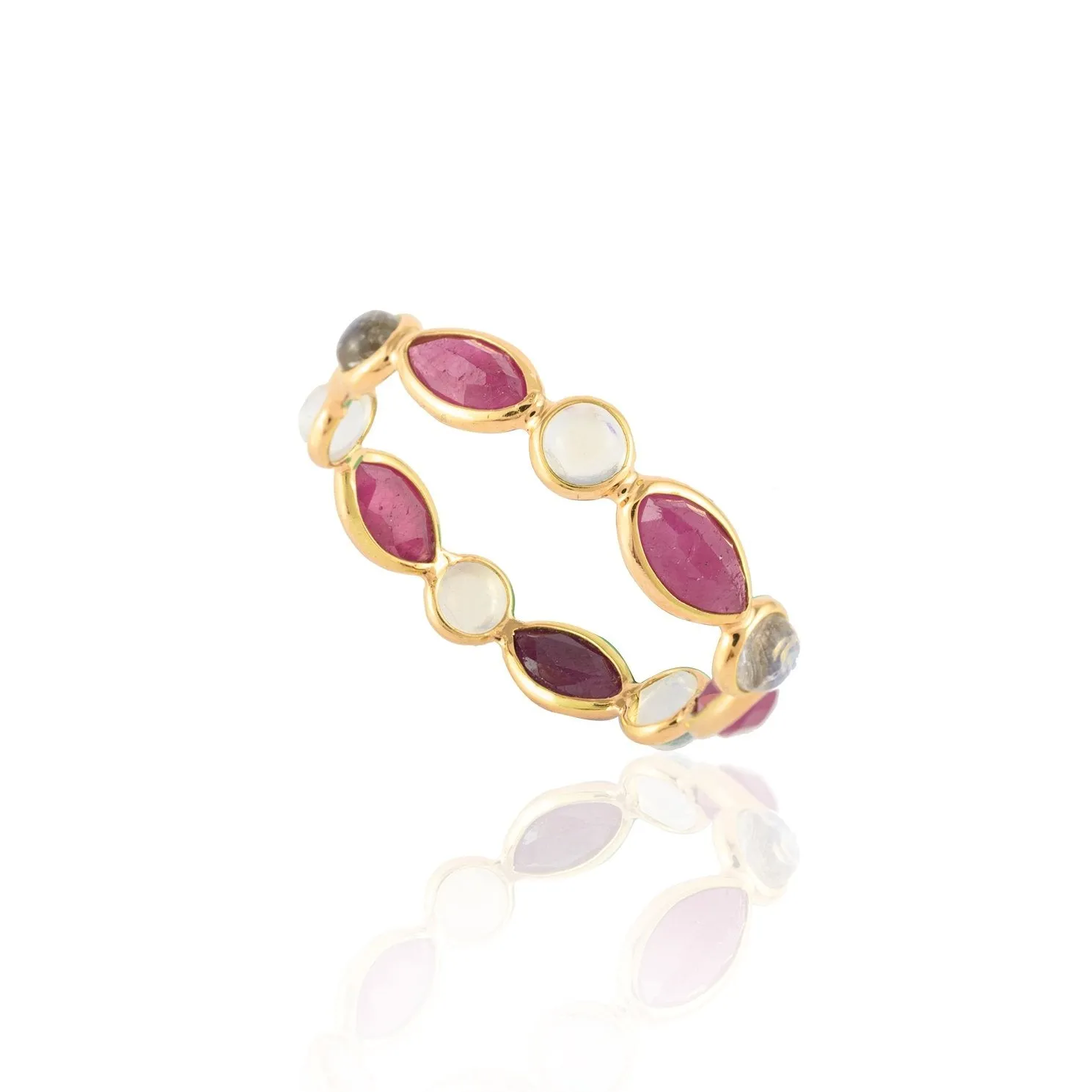 14K Gold Ruby & Rainbow Moonstone Eternity Band