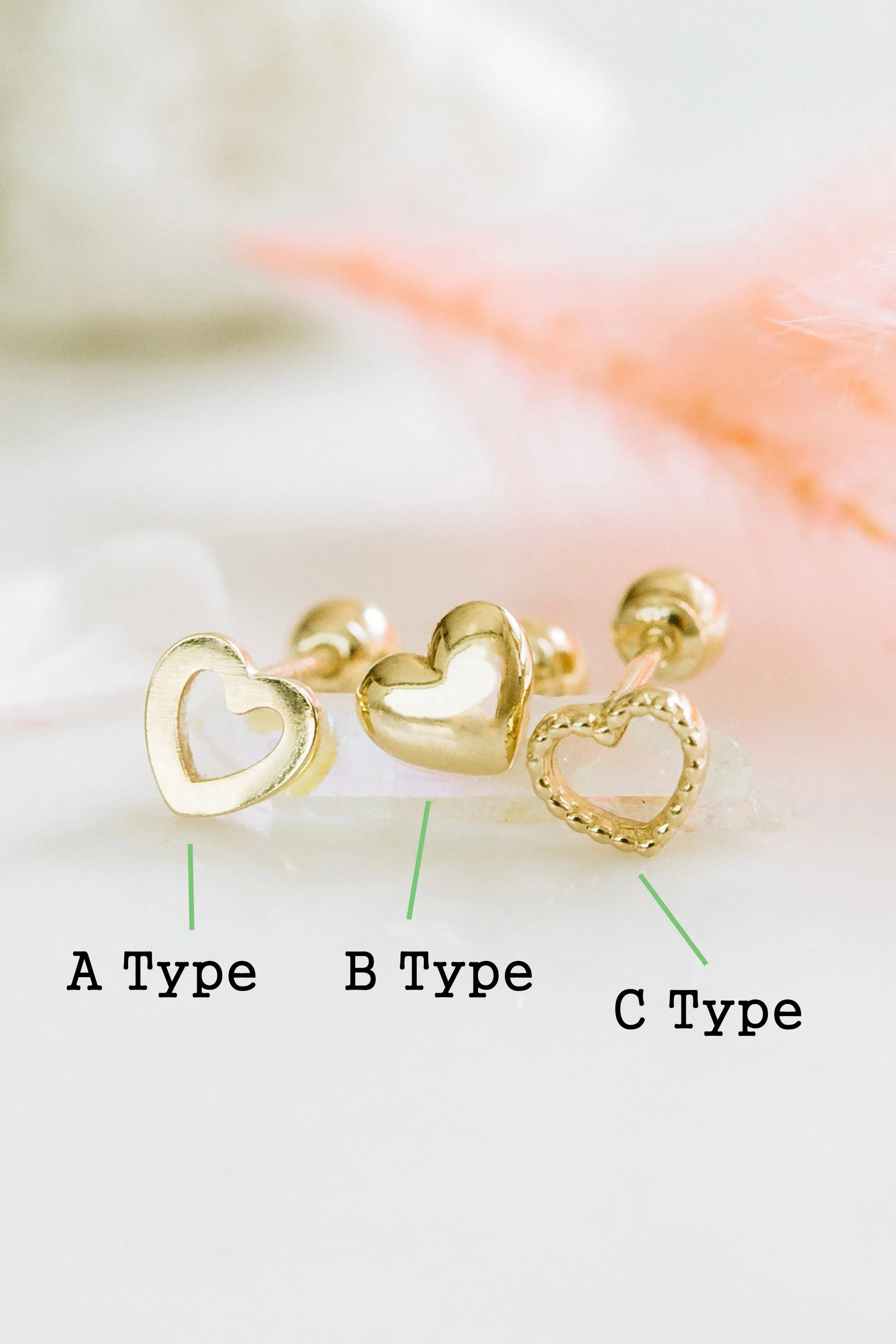 14K Real Solid Gold Forward Helix Cartilage Tragus Inner Conch Bold Cute Heart Ear Post Stud Earring Barbell Piercing For Women Jewelry