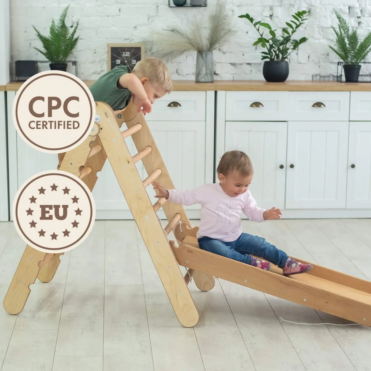 2-in-1 Montessori Climbing Set: Triangle Ladder   Slide Board/Ramp | Beige