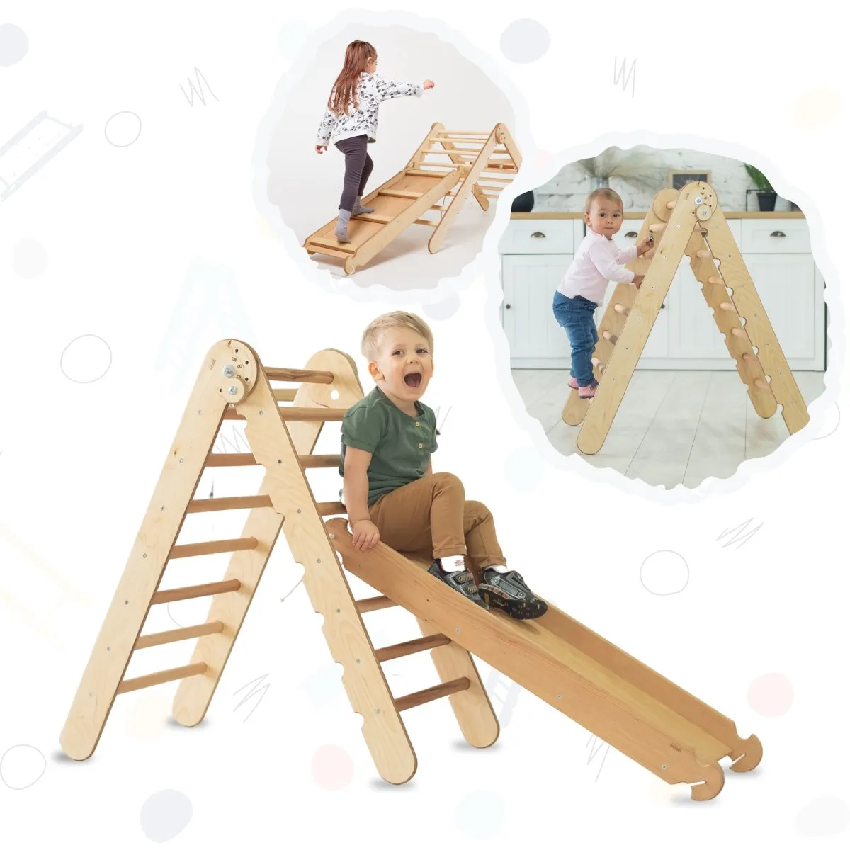 2-in-1 Montessori Climbing Set: Triangle Ladder   Slide Board/Ramp | Beige