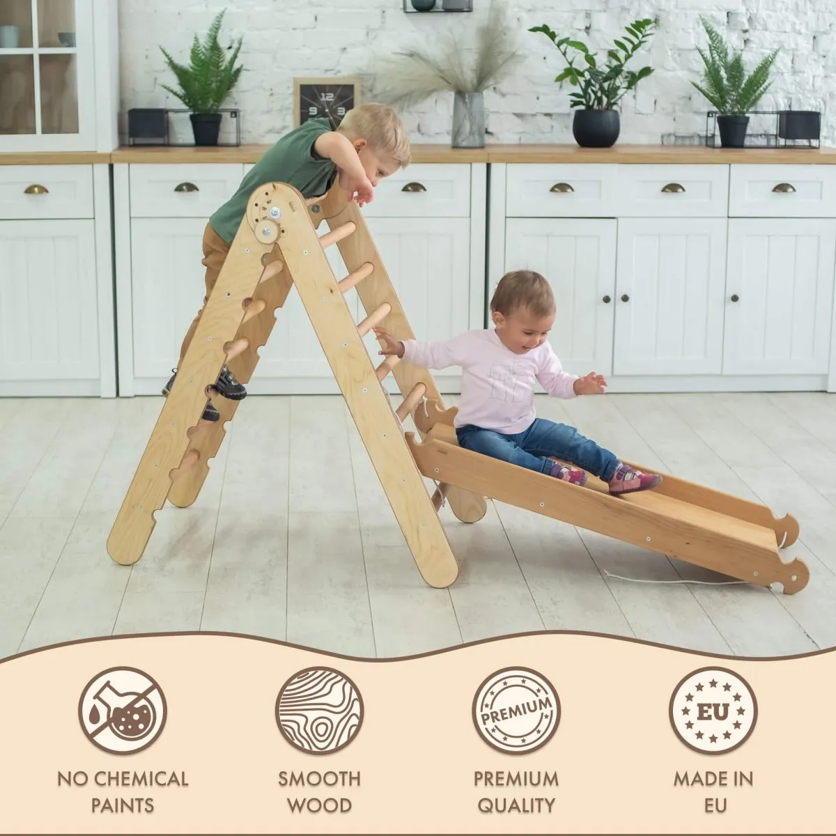 2-in-1 Montessori Climbing Set: Triangle Ladder   Slide Board/Ramp | Beige