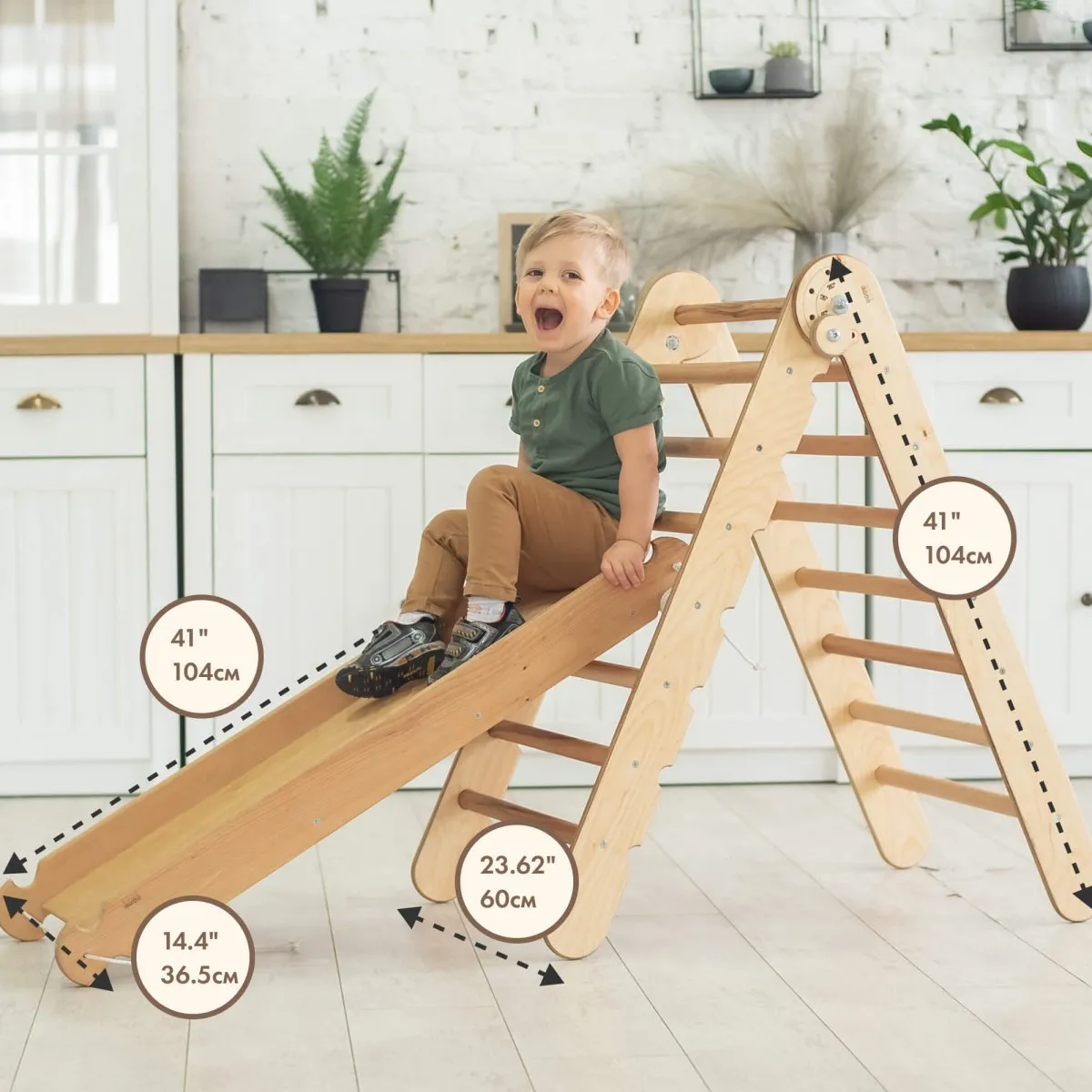 2-in-1 Montessori Climbing Set: Triangle Ladder   Slide Board/Ramp | Beige