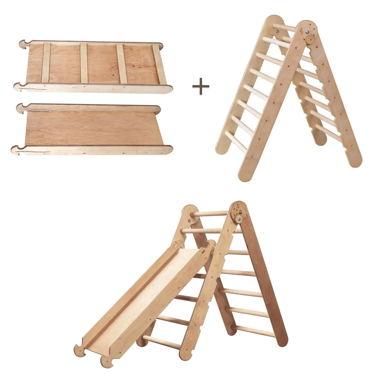 2-in-1 Montessori Climbing Set: Triangle Ladder   Slide Board/Ramp | Beige