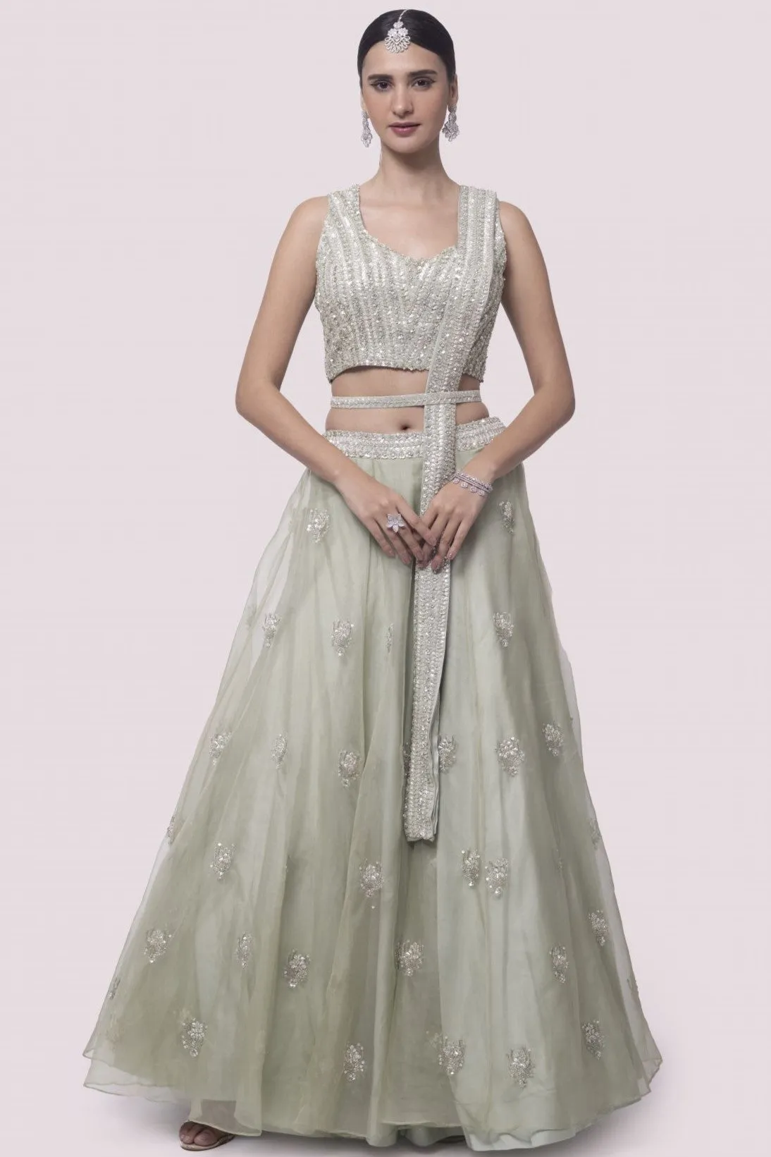 30Z343-RO Pista Green Embroidered Satin and Organza Lehenga