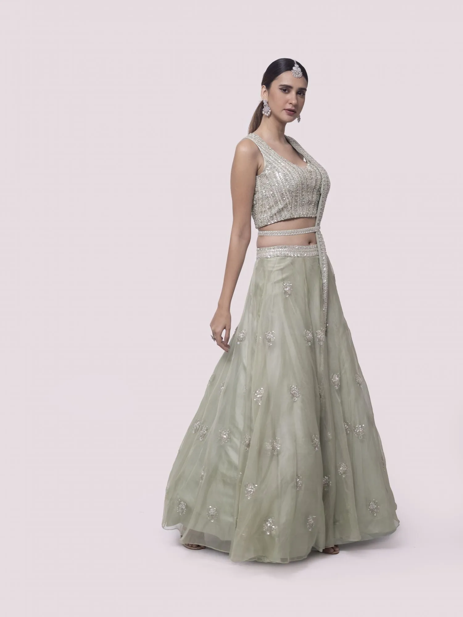 30Z343-RO Pista Green Embroidered Satin and Organza Lehenga