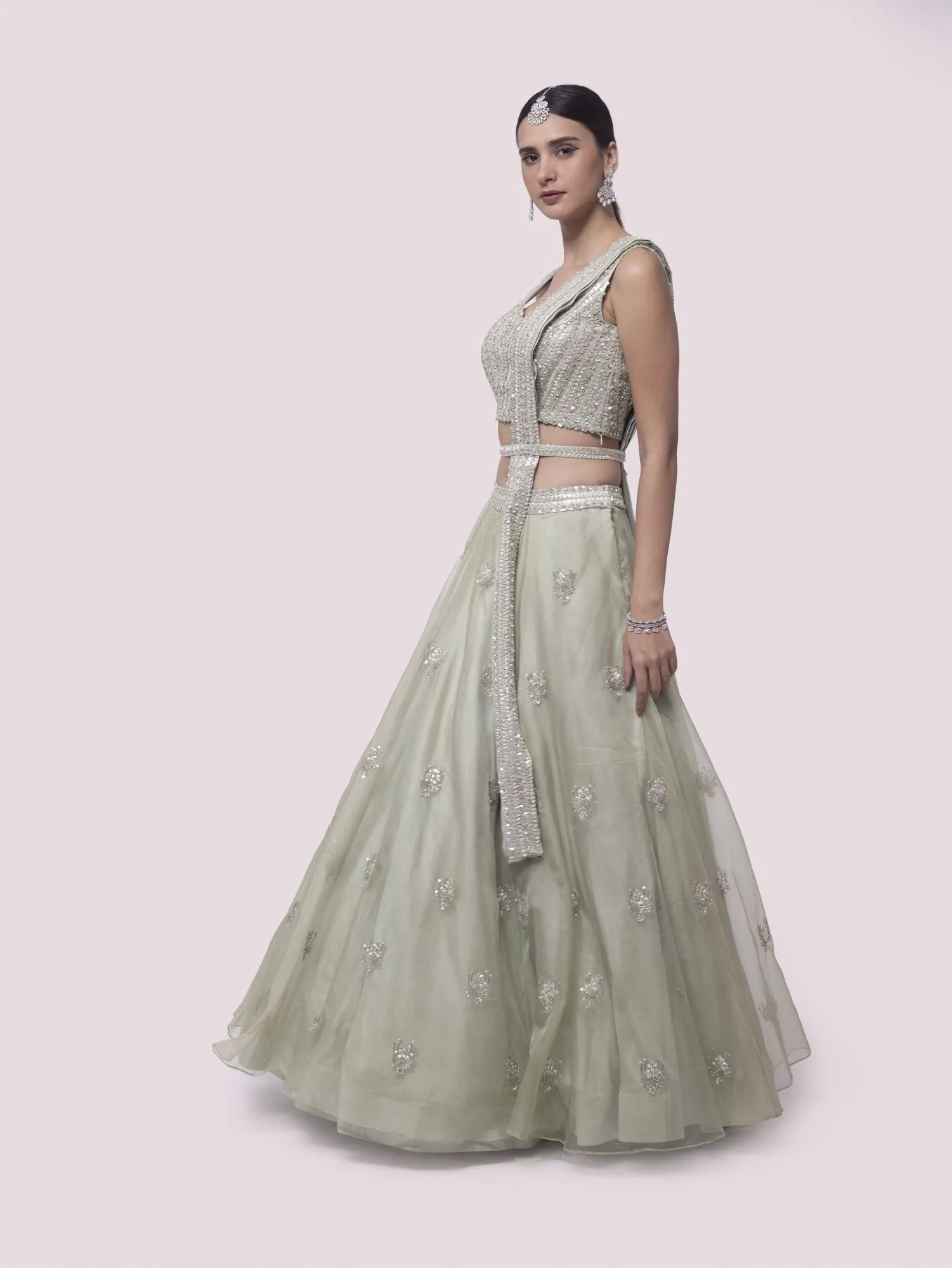 30Z343-RO Pista Green Embroidered Satin and Organza Lehenga