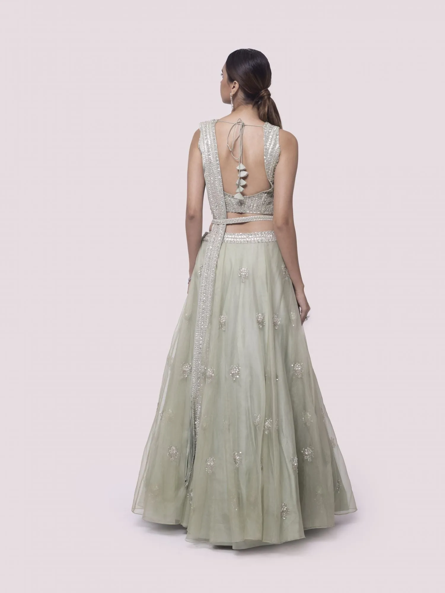 30Z343-RO Pista Green Embroidered Satin and Organza Lehenga