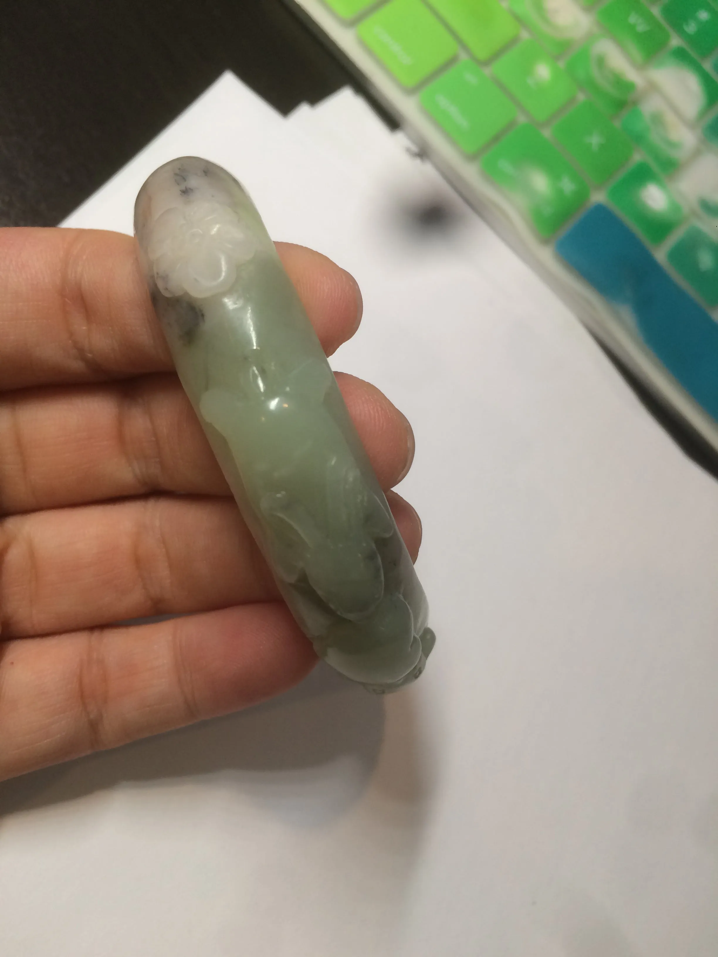 54.3mm 100% natural green/gray/purple/black carved bunnies and heart Xiu Jade(Serpentine) bangle XY79