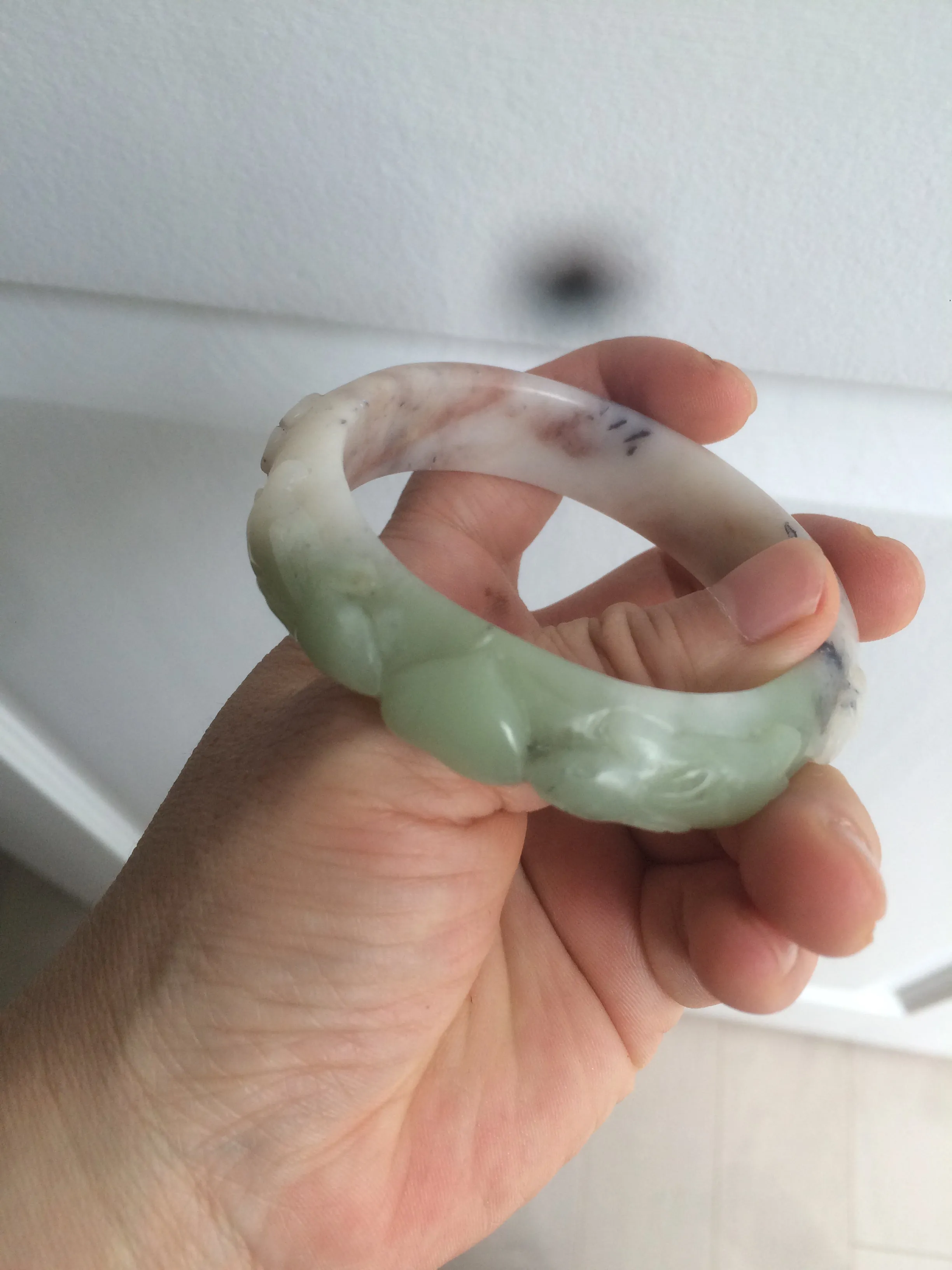 54.3mm 100% natural green/gray/purple/black carved bunnies and heart Xiu Jade(Serpentine) bangle XY79