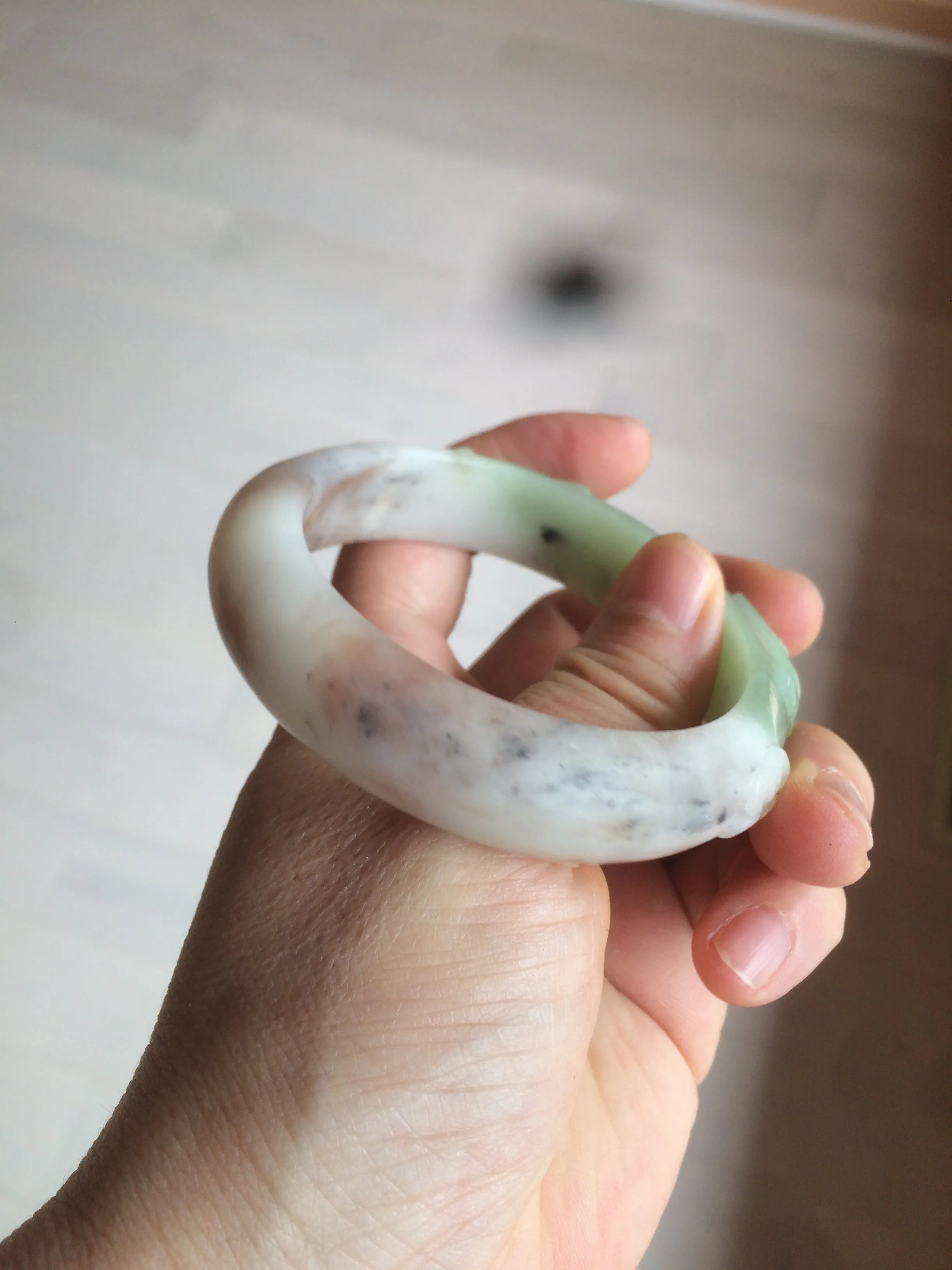 54.3mm 100% natural green/gray/purple/black carved bunnies and heart Xiu Jade(Serpentine) bangle XY79