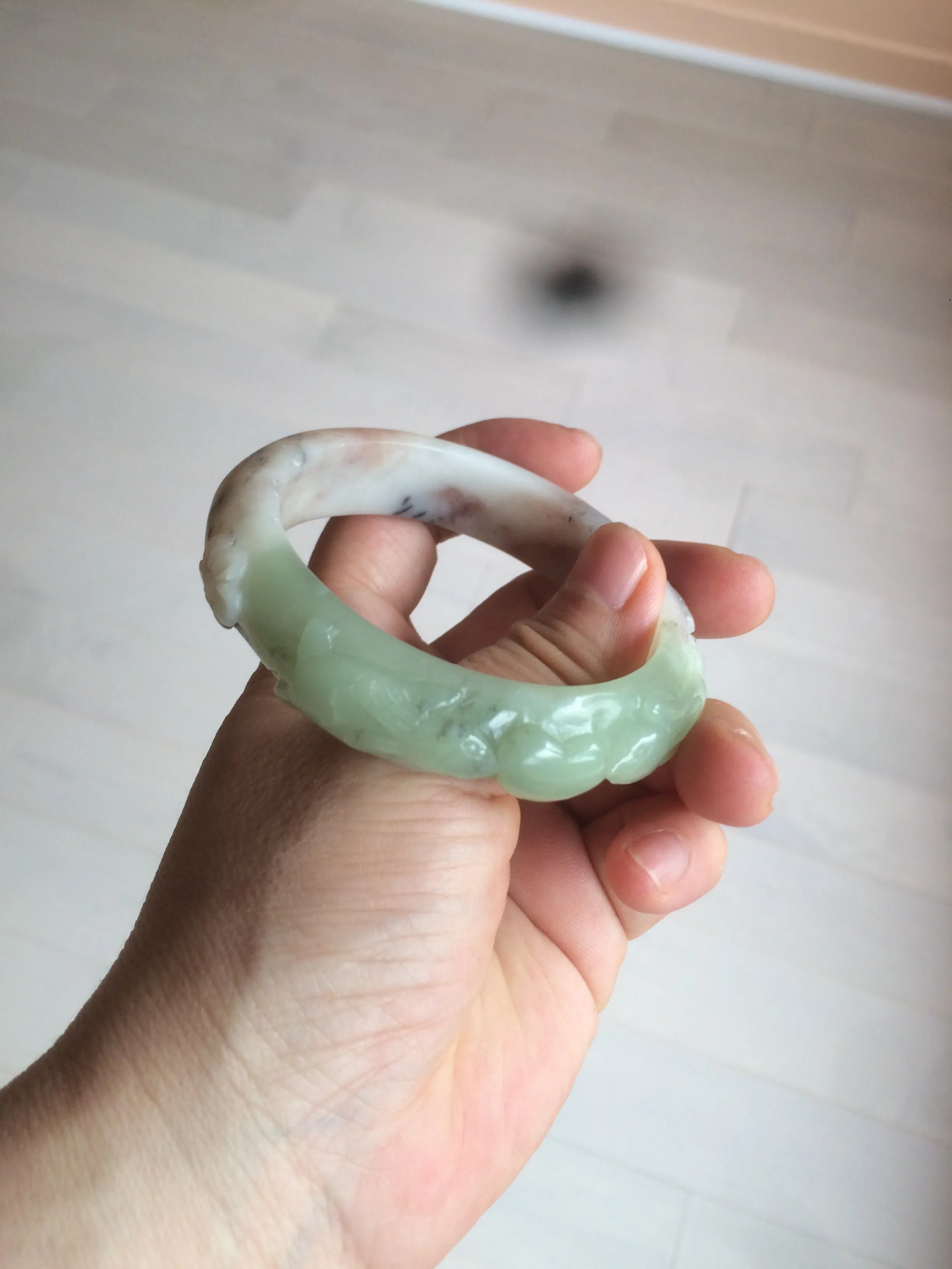 54.3mm 100% natural green/gray/purple/black carved bunnies and heart Xiu Jade(Serpentine) bangle XY79