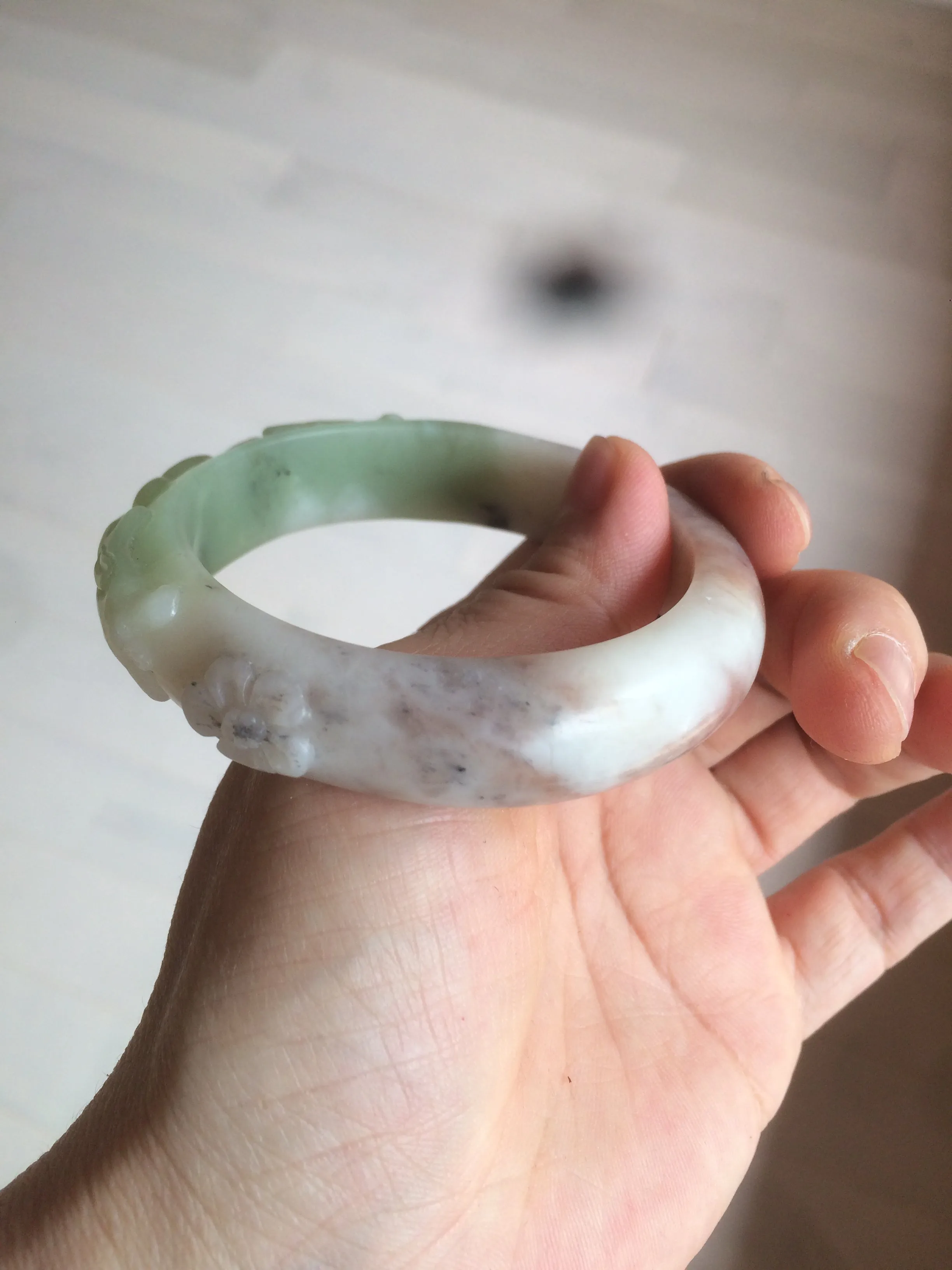 54.3mm 100% natural green/gray/purple/black carved bunnies and heart Xiu Jade(Serpentine) bangle XY79