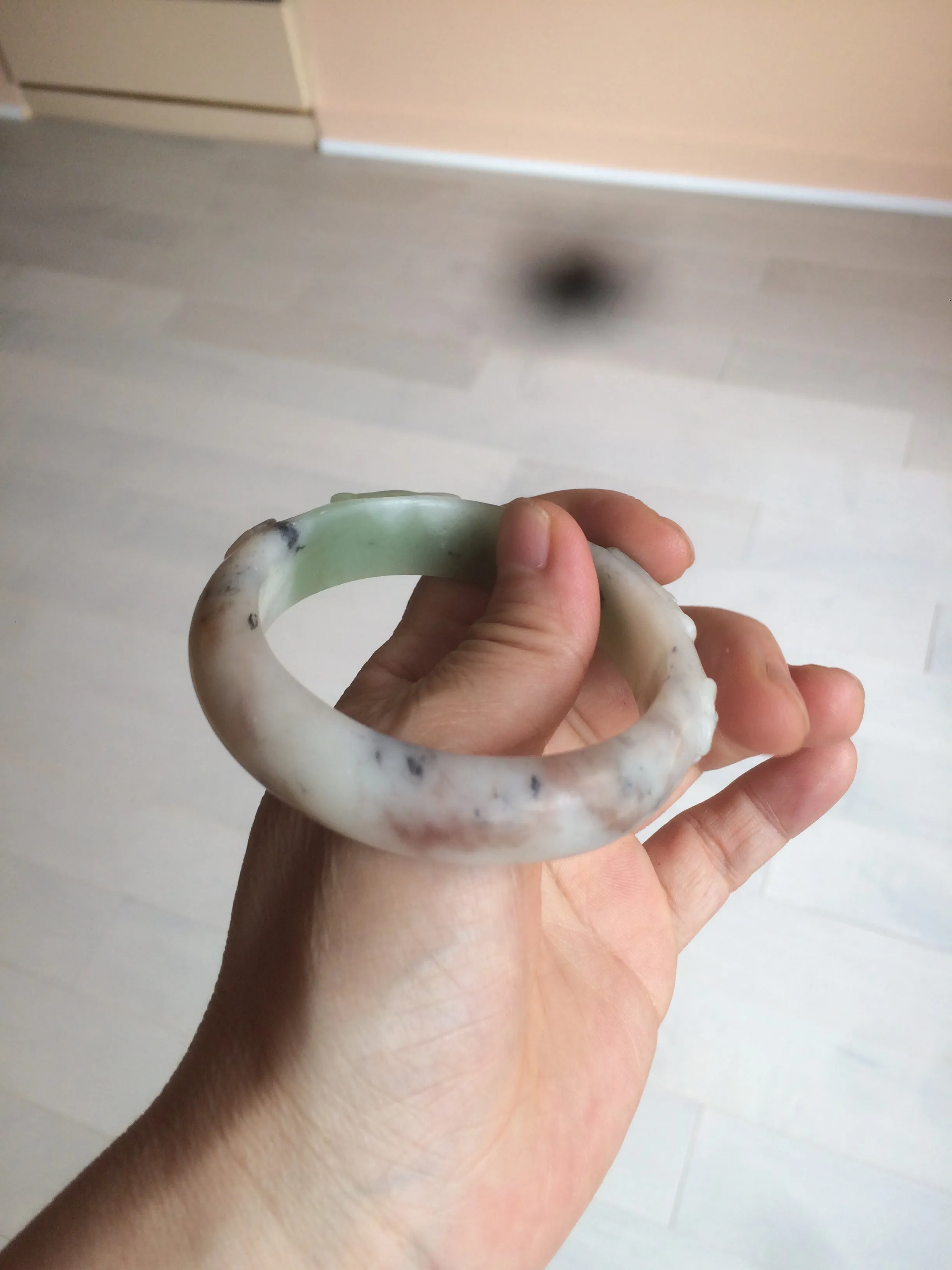 54.3mm 100% natural green/gray/purple/black carved bunnies and heart Xiu Jade(Serpentine) bangle XY79