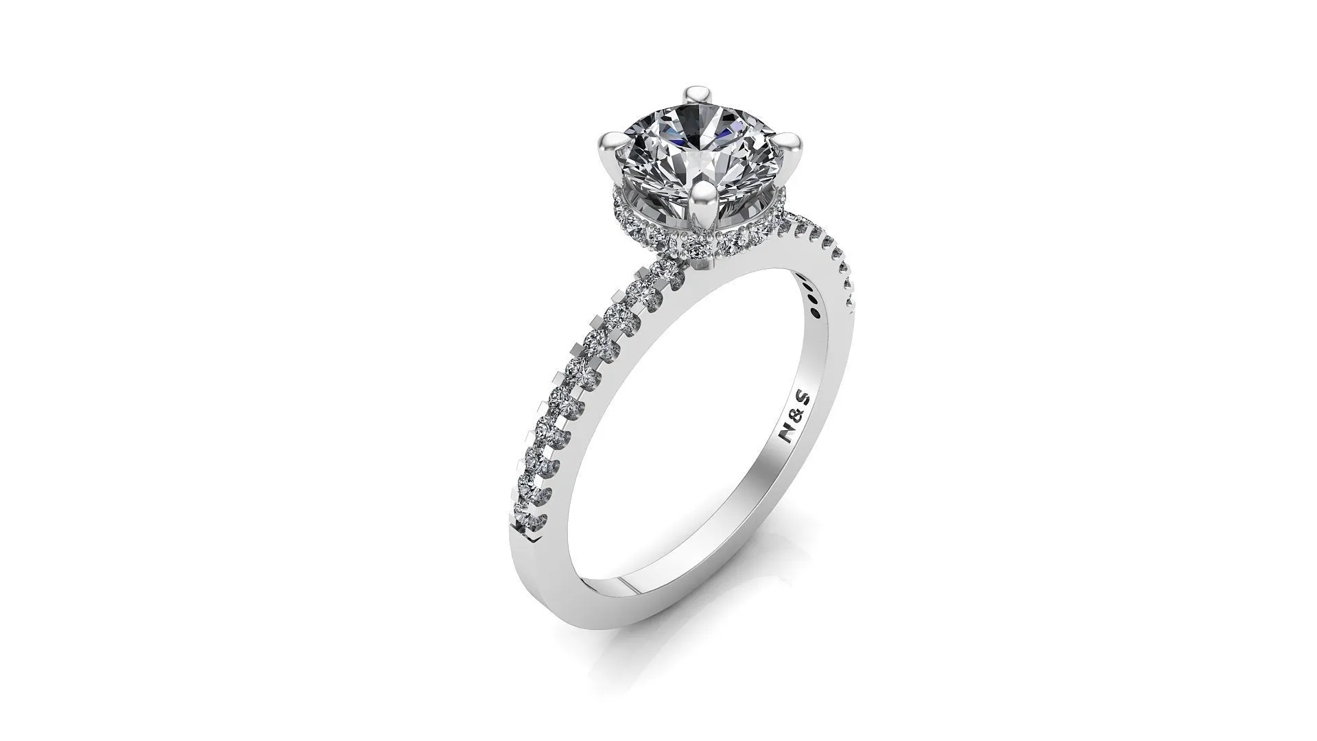 7.5mm (1.50ct) Rañe ForeverOne Round Moissanite Four Prong Diamond Underhalo Engagement Ring 14K Gold MOENG072