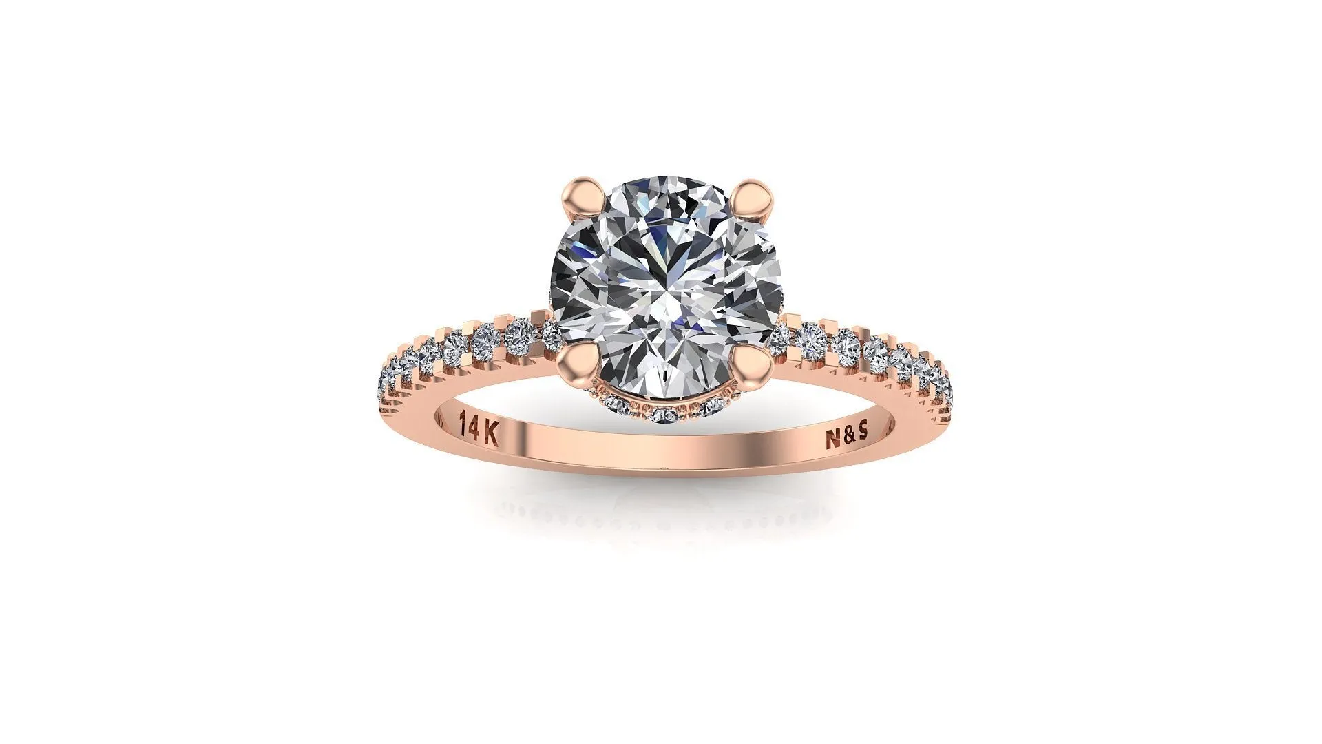 7.5mm (1.50ct) Rañe ForeverOne Round Moissanite Four Prong Diamond Underhalo Engagement Ring 14K Gold MOENG072