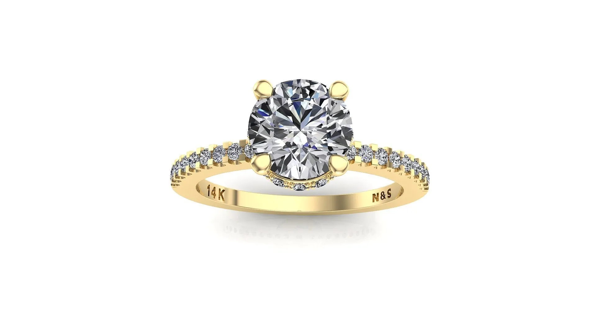 7.5mm (1.50ct) Rañe ForeverOne Round Moissanite Four Prong Diamond Underhalo Engagement Ring 14K Gold MOENG072