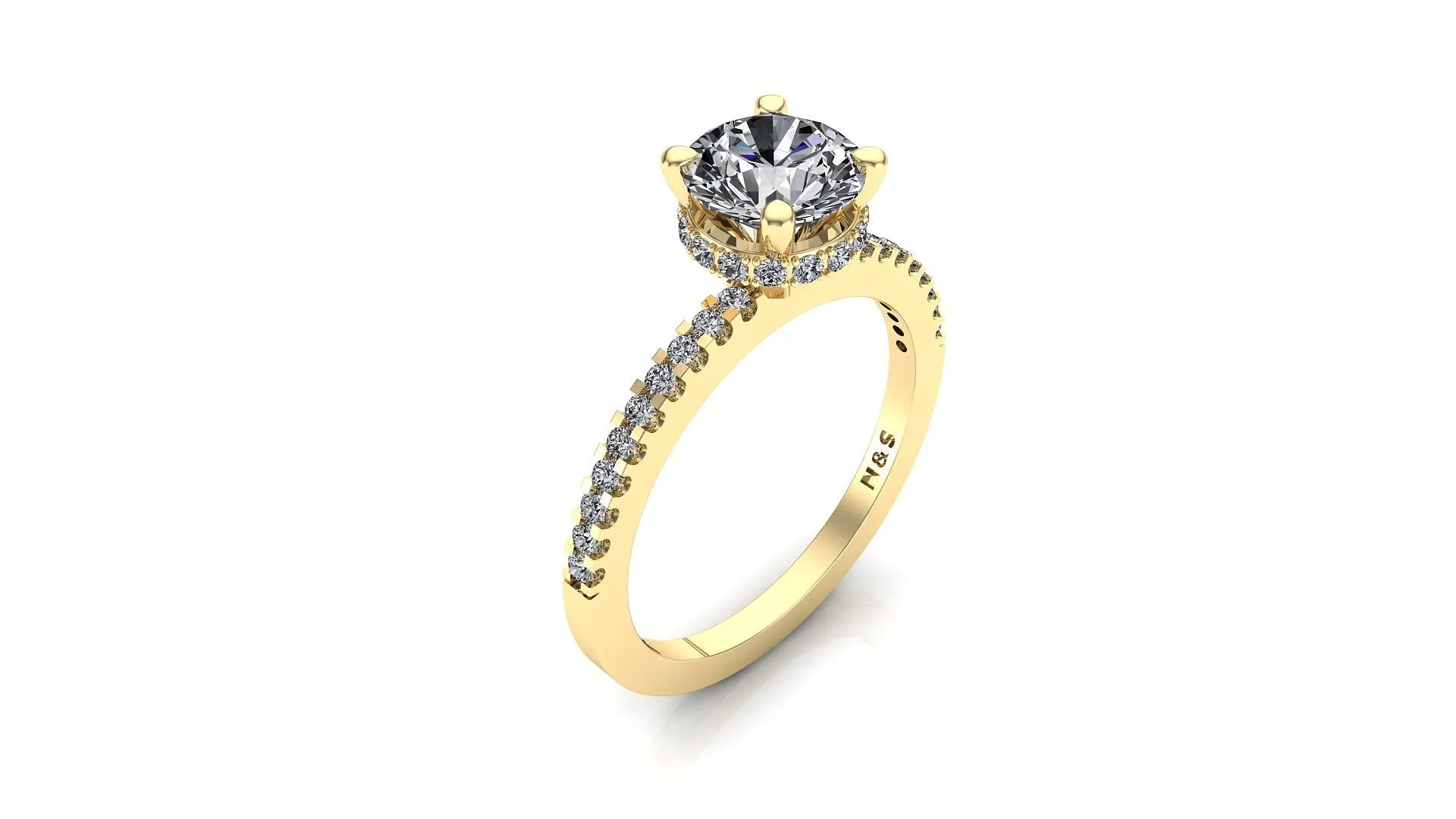 7.5mm (1.50ct) Rañe ForeverOne Round Moissanite Four Prong Diamond Underhalo Engagement Ring 14K Gold MOENG072