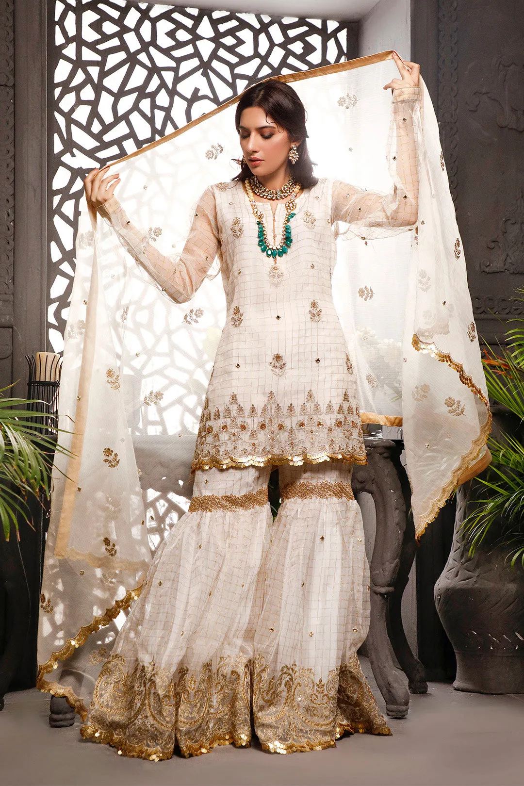 Aari Embroidered Zari Organza Gharara Suit | Nikhaar | G202020