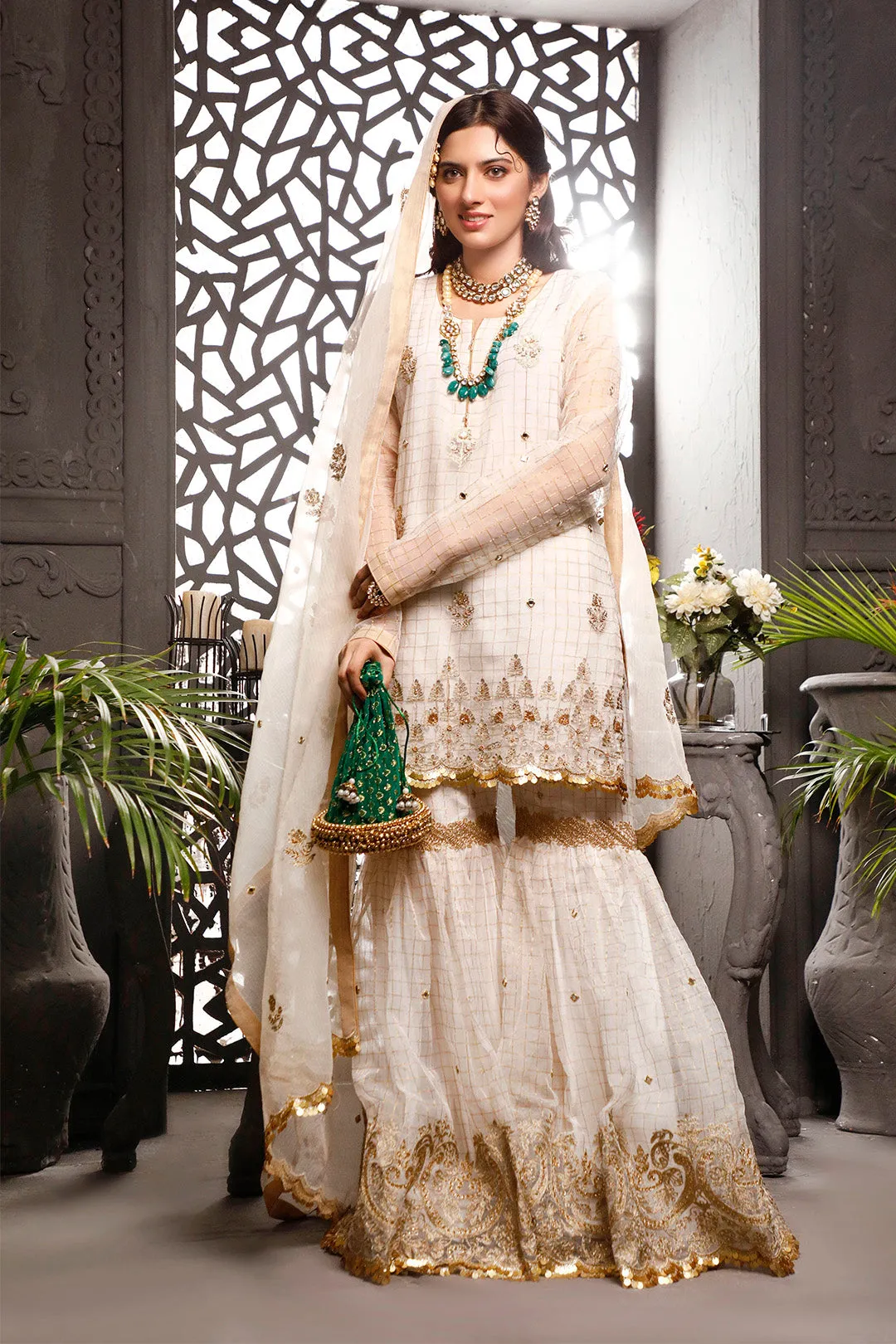 Aari Embroidered Zari Organza Gharara Suit | Nikhaar | G202020