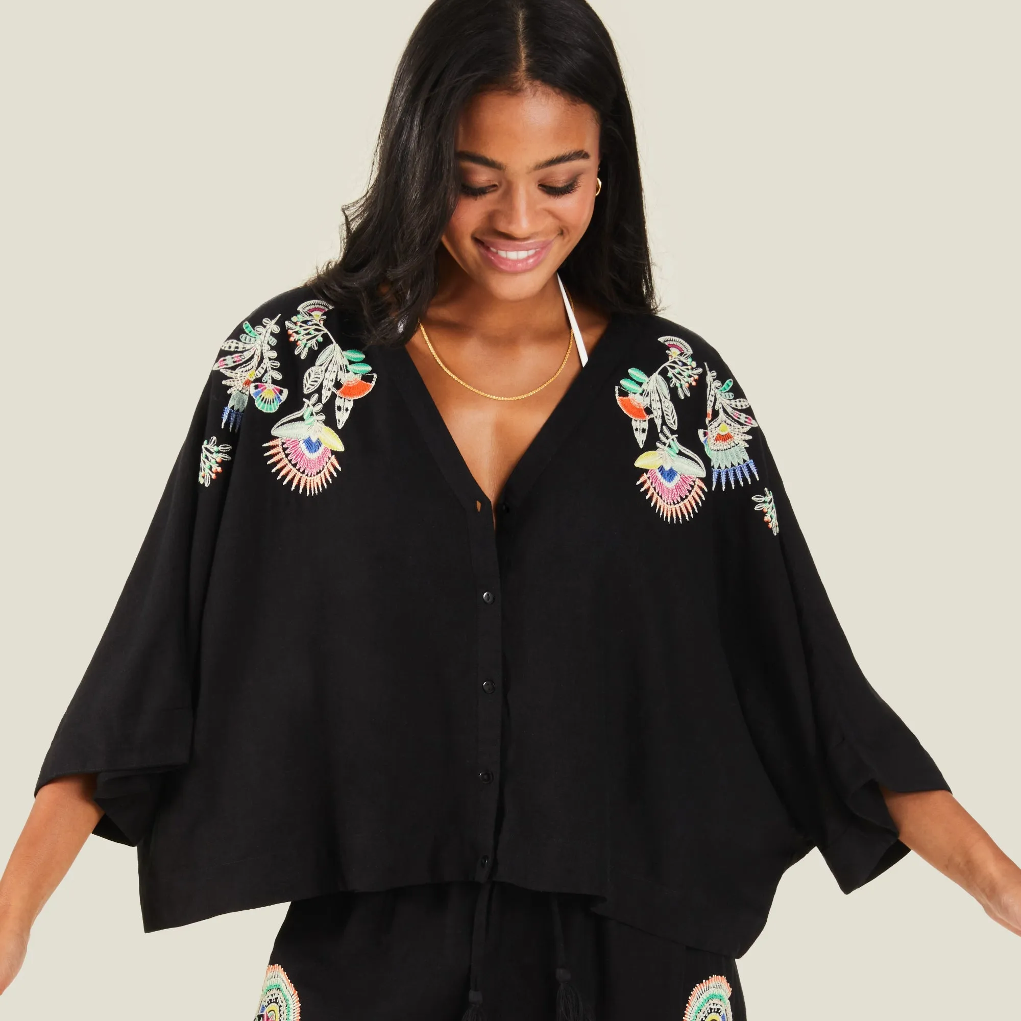 Accessorize London Women's Black Embroidered Beach Shirt Medium