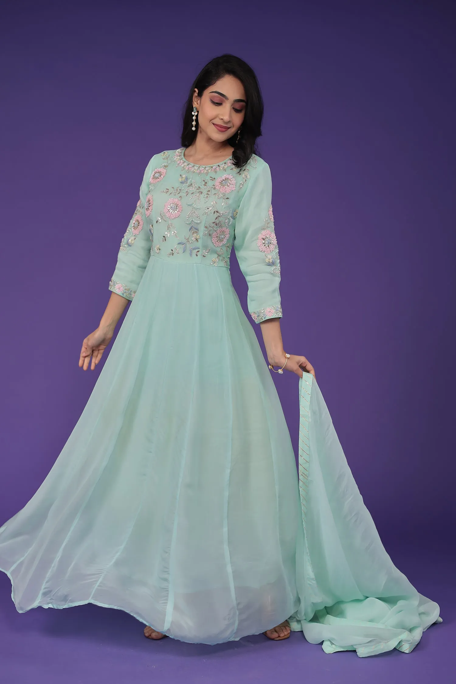 Anarkali Organza Suit Embroidered with Aari and Cutdana work