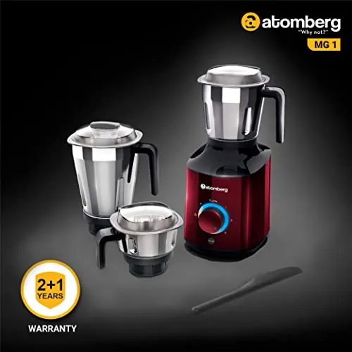 Atomberg MG1 Mixer Grinder with BLDC Motor, Slow Mode & Advanced Safety Features, 3 Jars and Chopper (Red Wine)