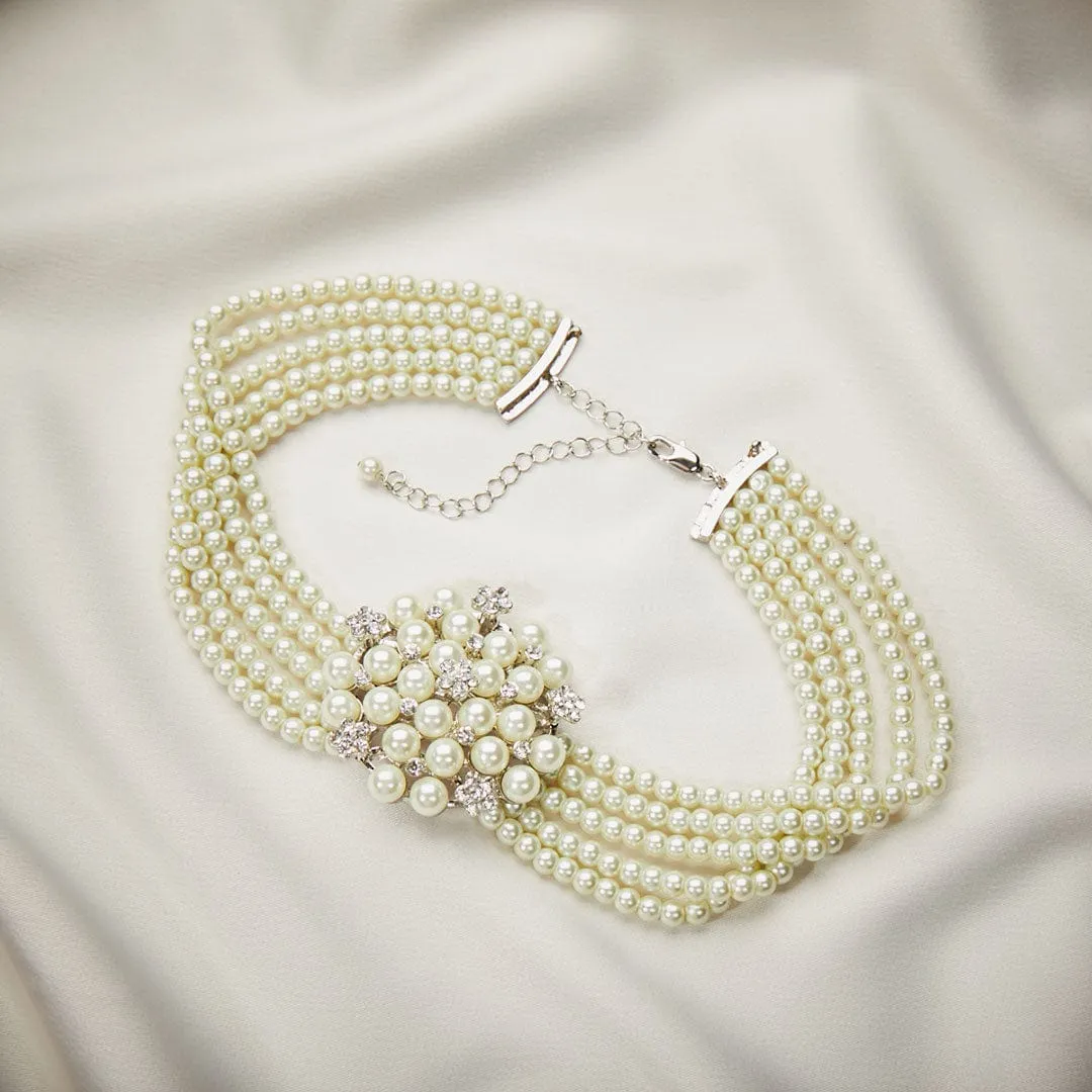 Audrey Hepburn Inspired Necklace: 5 Row Glass Pearl Choker