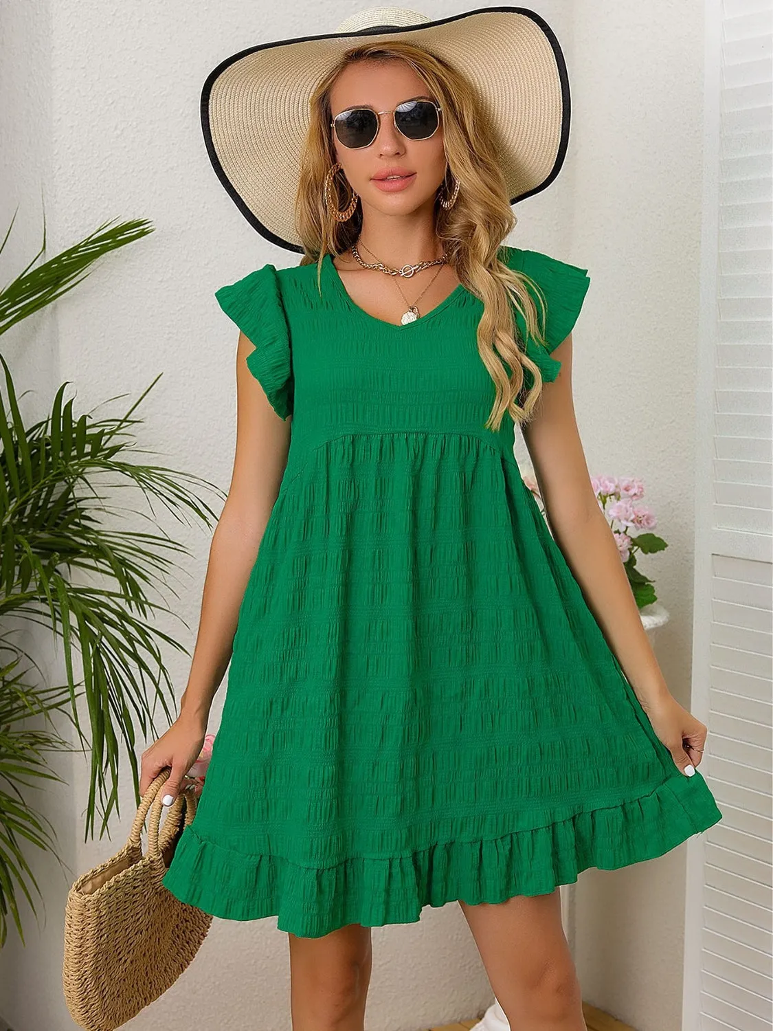 Beachside Wedding Guest Attire: Women's Ruffled Cap Sleeve Mini Dress