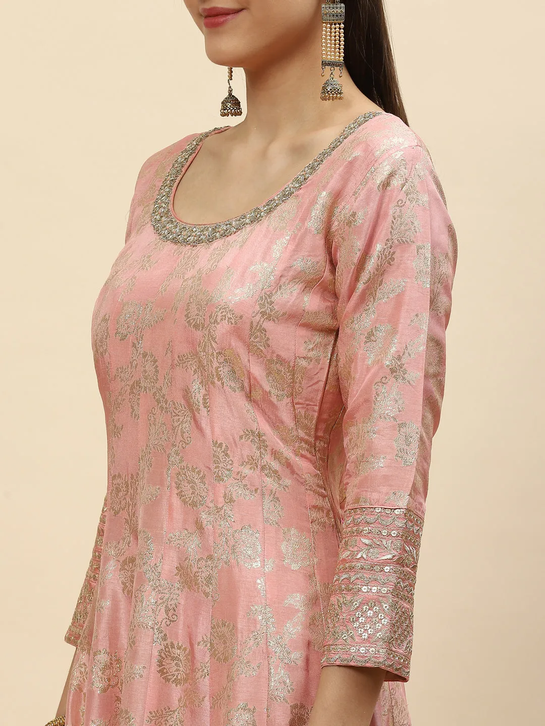 Brocade Embroidered Banarasi Handloom Kurta With Churidar & Dupatta