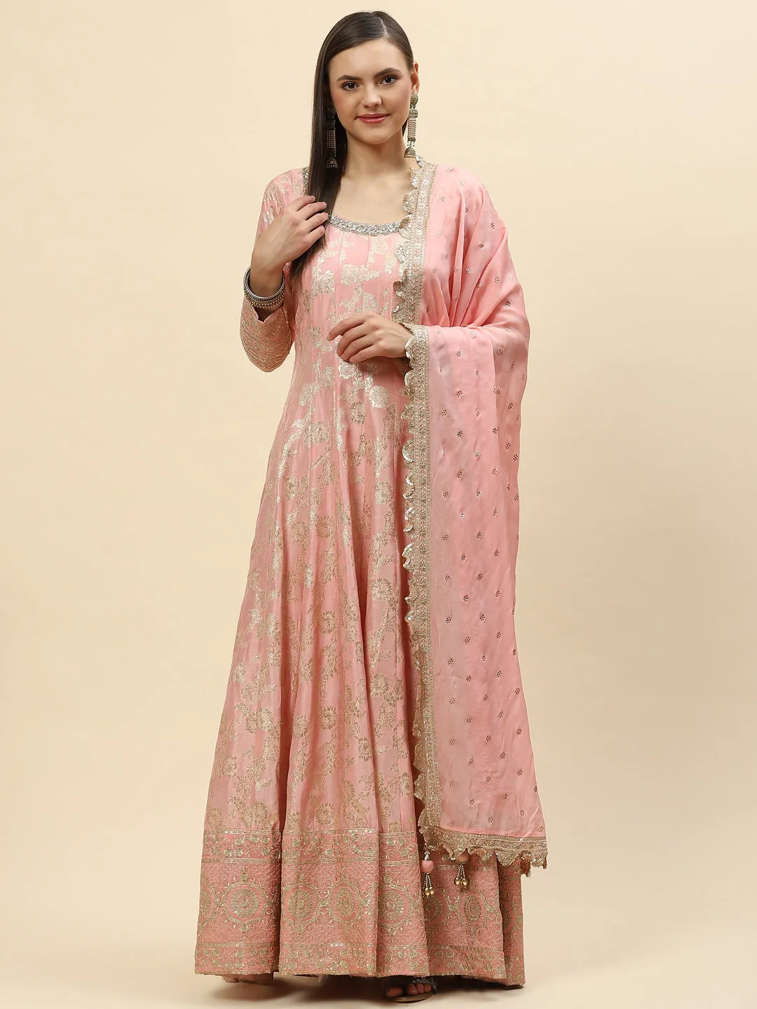 Brocade Embroidered Banarasi Handloom Kurta With Churidar & Dupatta