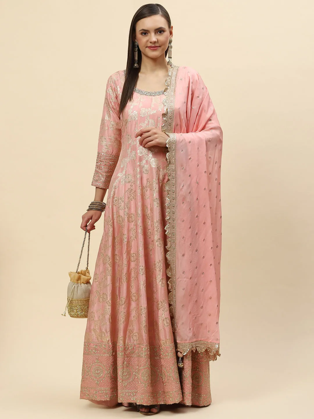 Brocade Embroidered Banarasi Handloom Kurta With Churidar & Dupatta