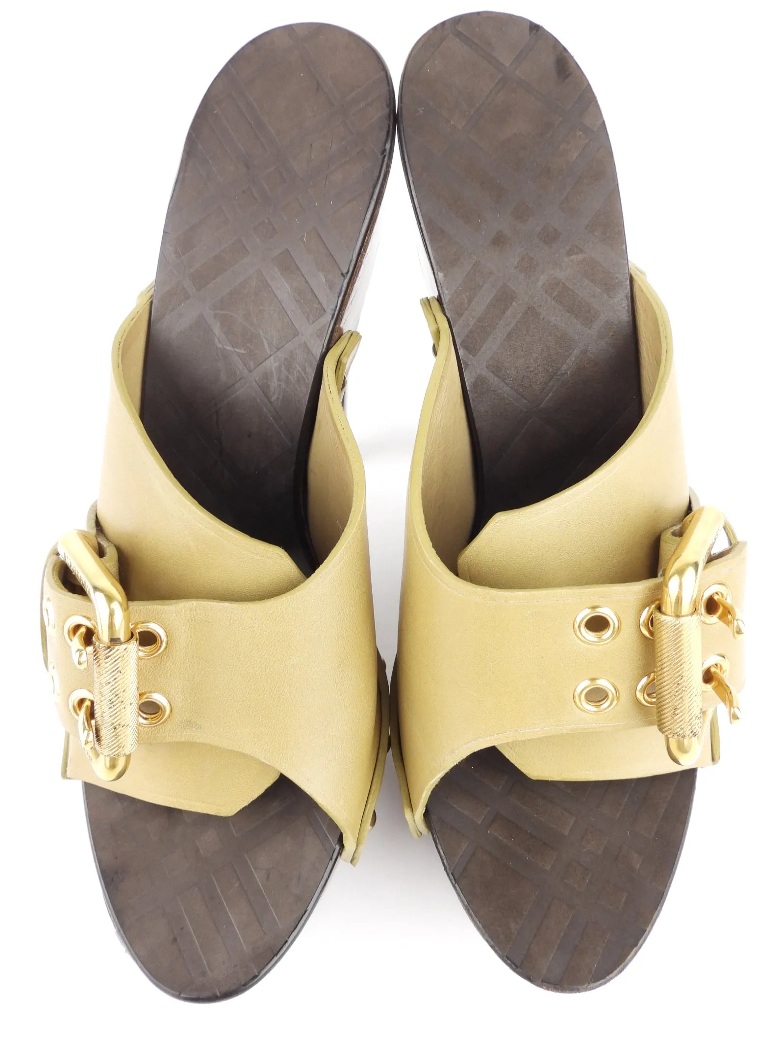 Burberry Khaki Leather Buckle and Wood Platform Clog Mules - 40