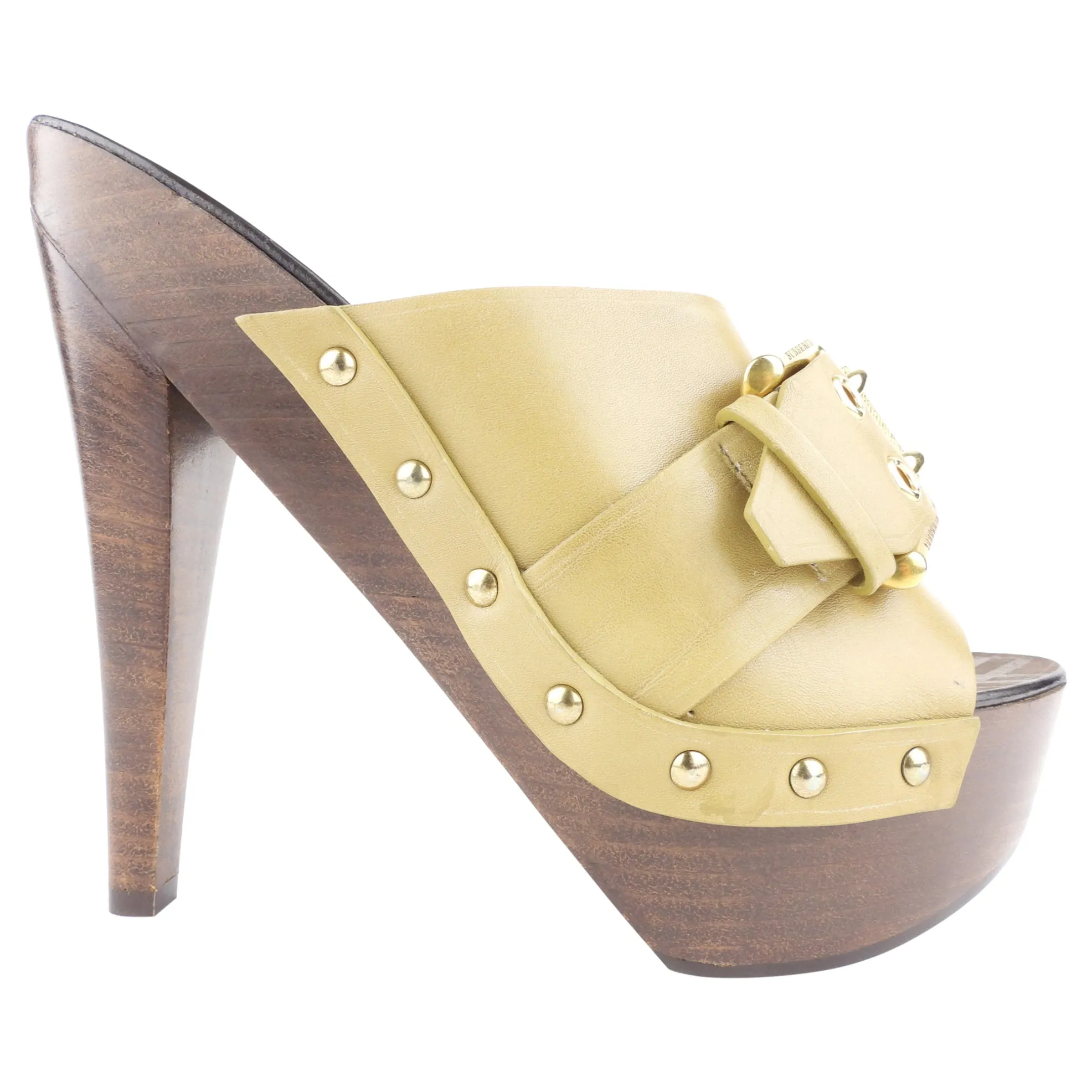 Burberry Khaki Leather Buckle and Wood Platform Clog Mules - 40