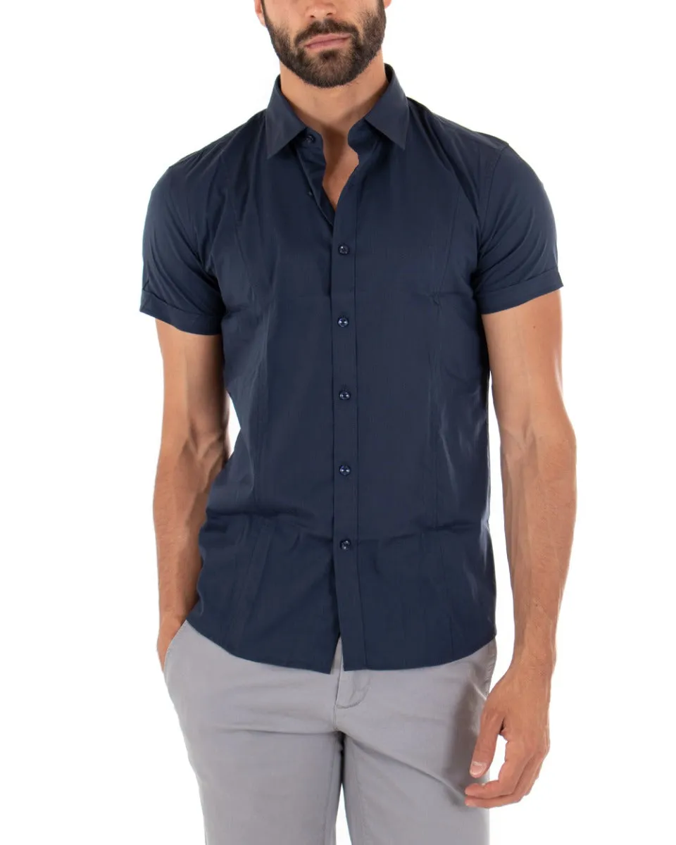 Camicia Uomo Maniche Corte Con Colletto Slim Fit Cotone Elastico Basic Tinta Unita Blu GIOSAL-CC1139A