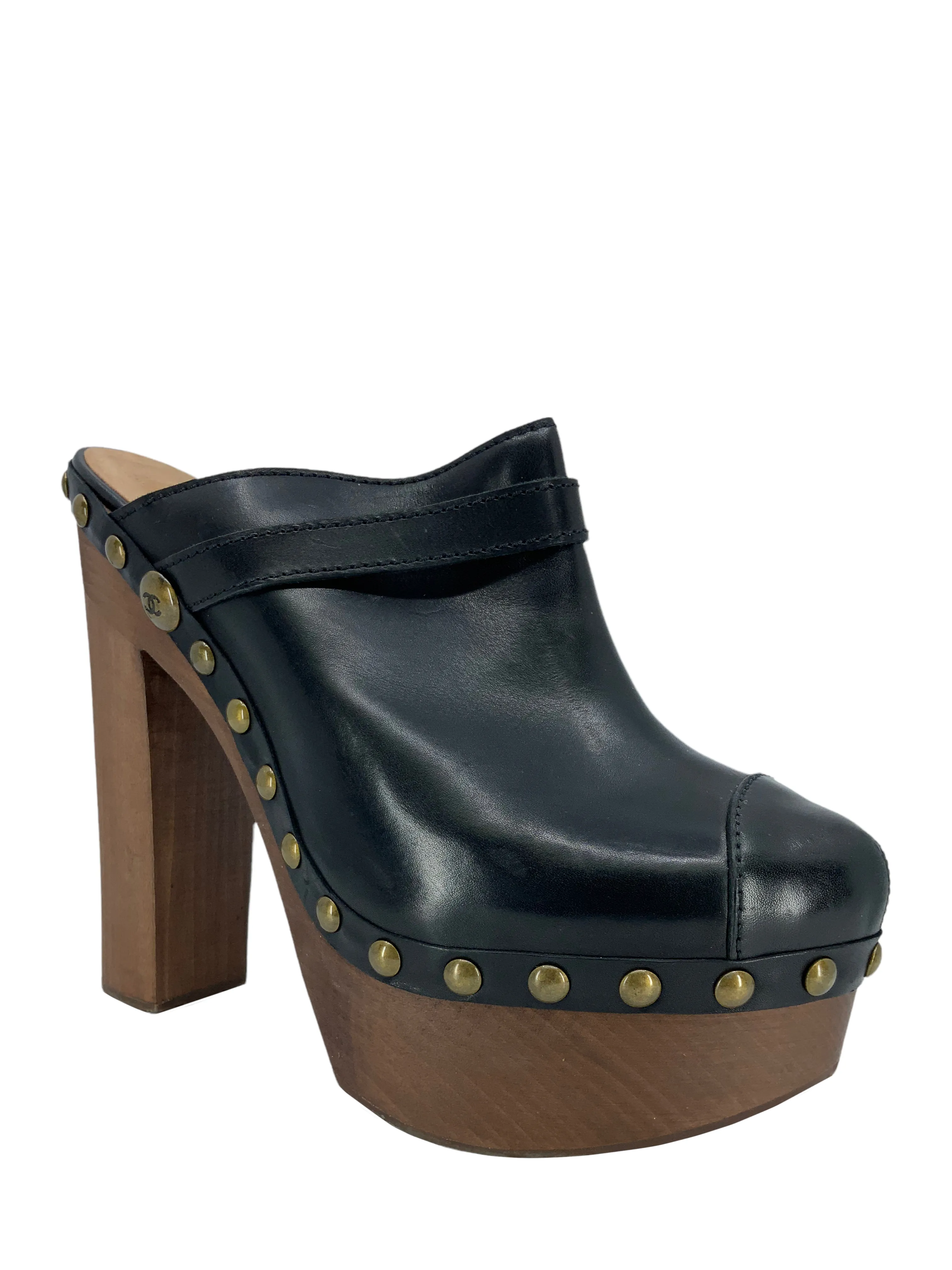 CHANEL Studded Leather Wooden Platform Mule Clogs Size 10