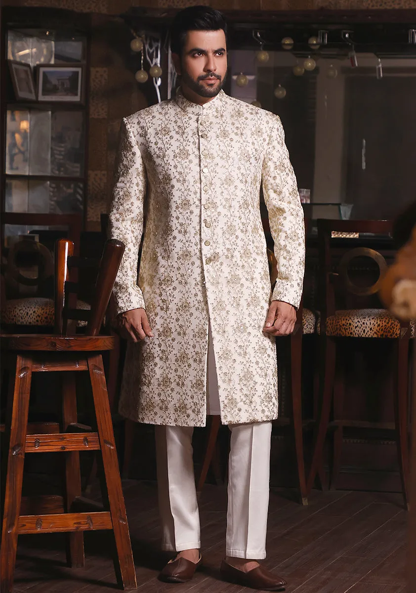 Classic Cream Cotton Net Traditional Embroidered Sherwani