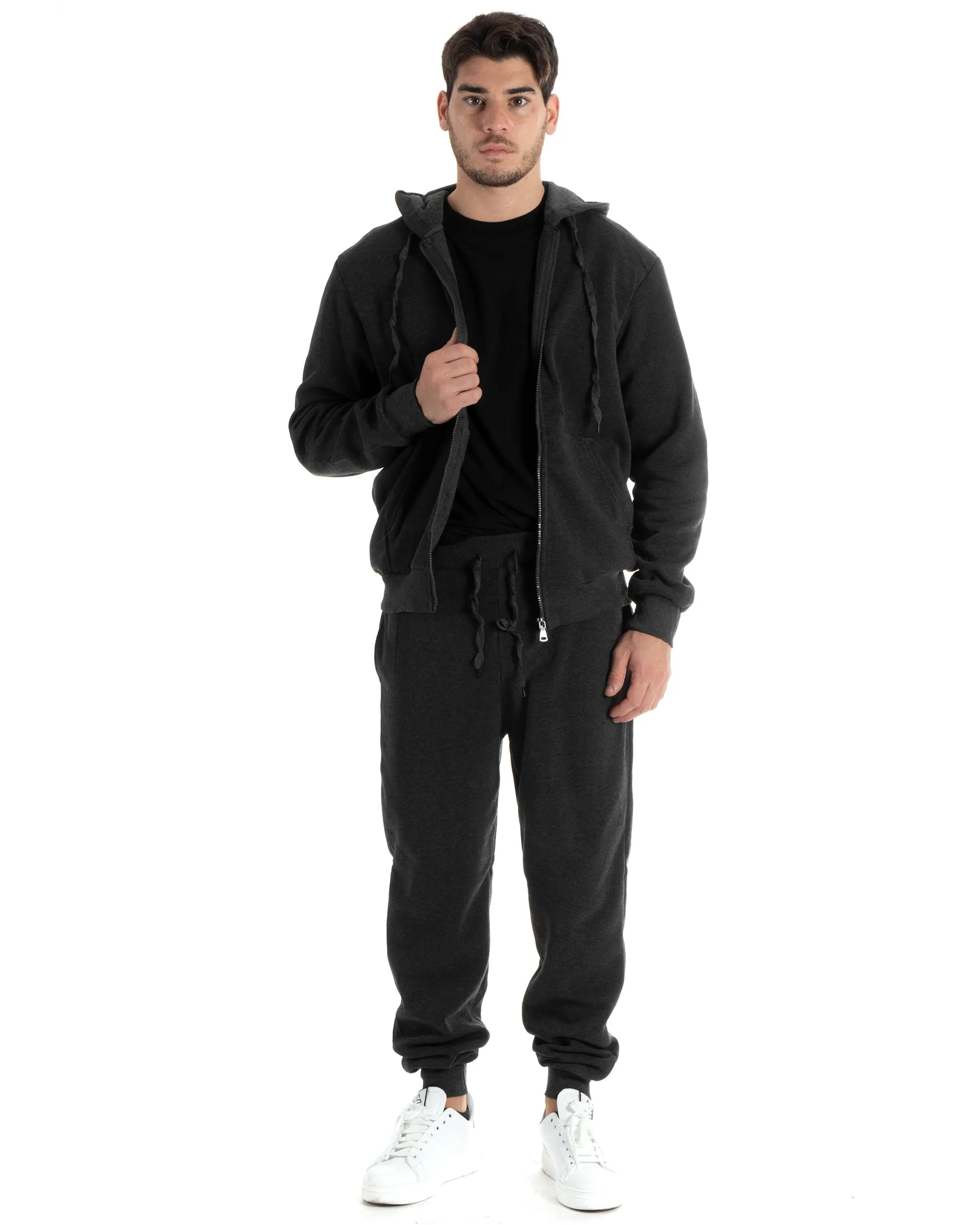 Completo Tuta Uomo Felpato Basic Felpa Con Cappuccio Zip Pantalaccio Tinta Unita Grigio Scuro GIOSAL-OU2438A