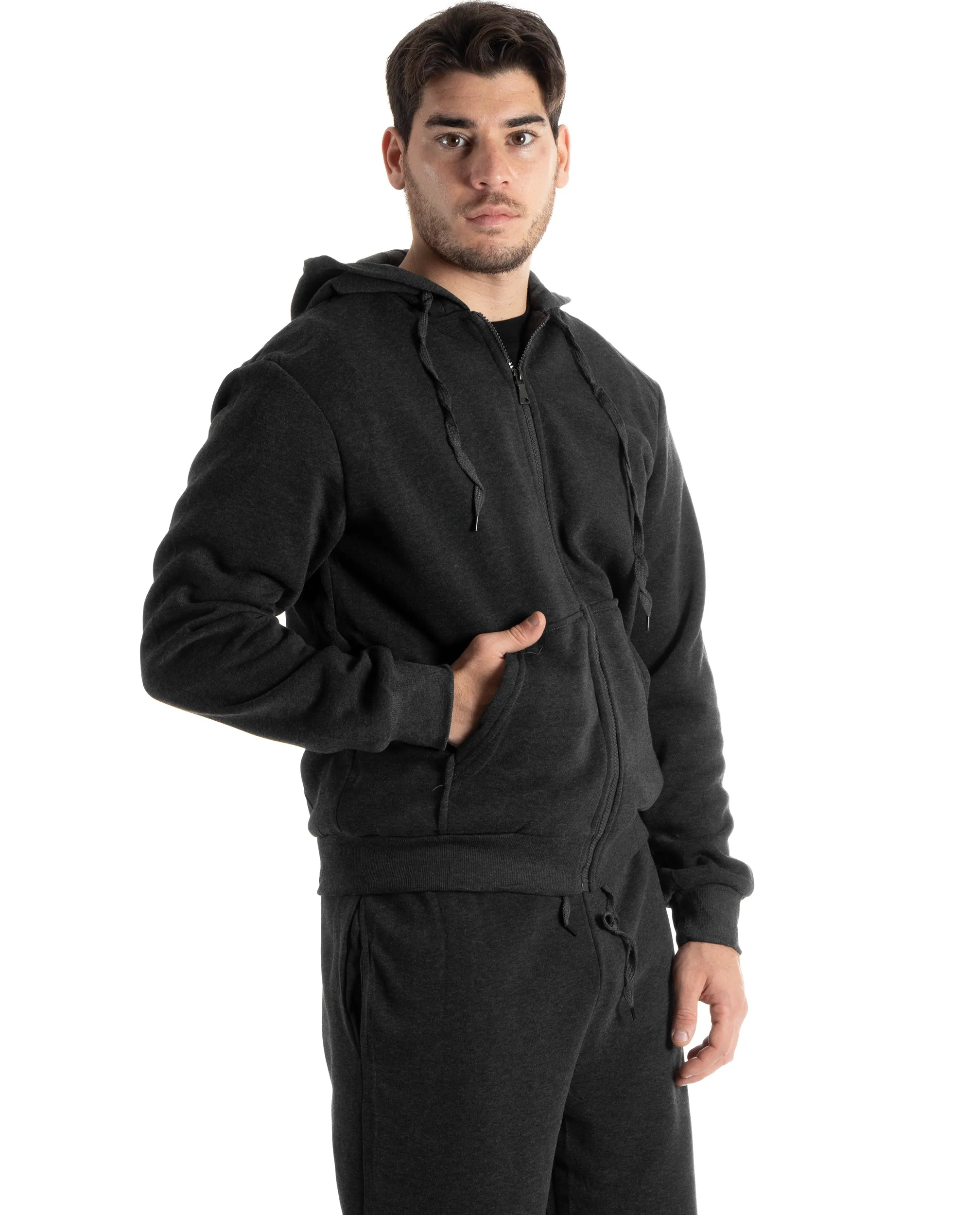 Completo Tuta Uomo Felpato Basic Felpa Con Cappuccio Zip Pantalaccio Tinta Unita Grigio Scuro GIOSAL-OU2438A