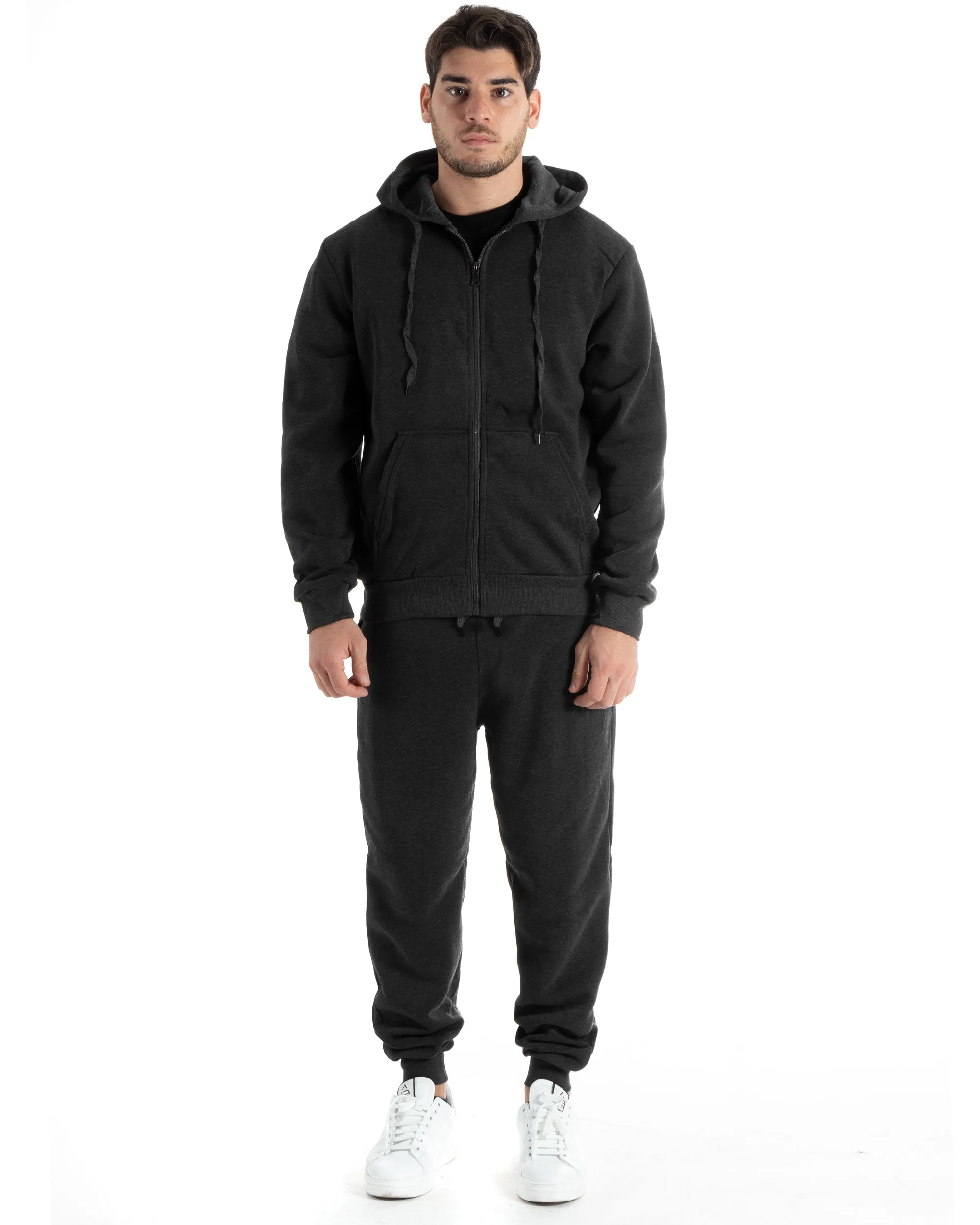 Completo Tuta Uomo Felpato Basic Felpa Con Cappuccio Zip Pantalaccio Tinta Unita Grigio Scuro GIOSAL-OU2438A