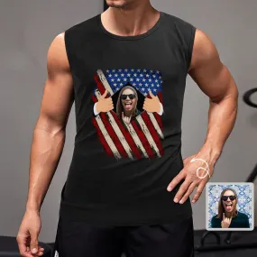 Custom Face USA Flag Funny Sleeveless 100% Cotton T-Shirt Personalized Men's All Over Print Tank Top