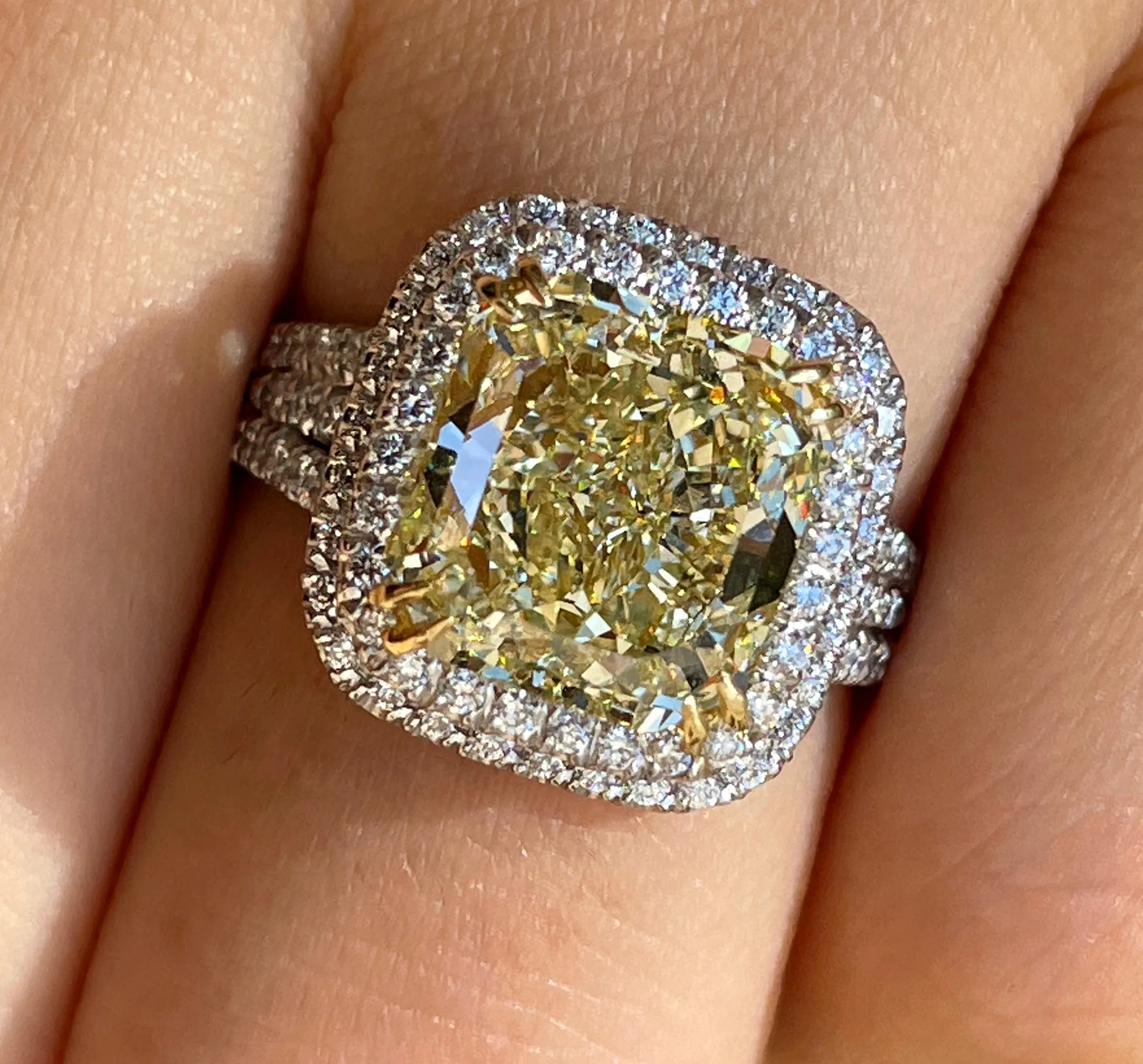 Estate “Canary” 6.03ctw Natural Fancy YELLOW Radiant Cut Diamond Halo Pave 18K Ring