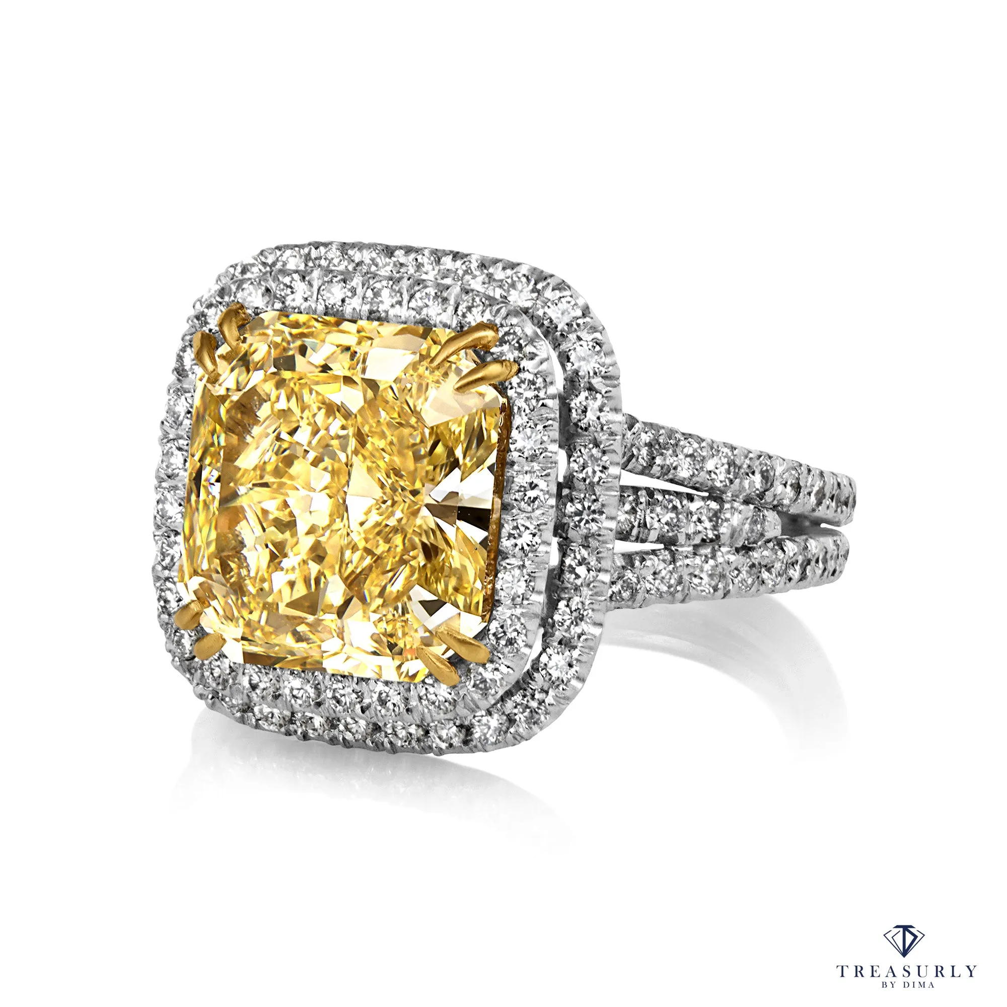 Estate “Canary” 6.03ctw Natural Fancy YELLOW Radiant Cut Diamond Halo Pave 18K Ring