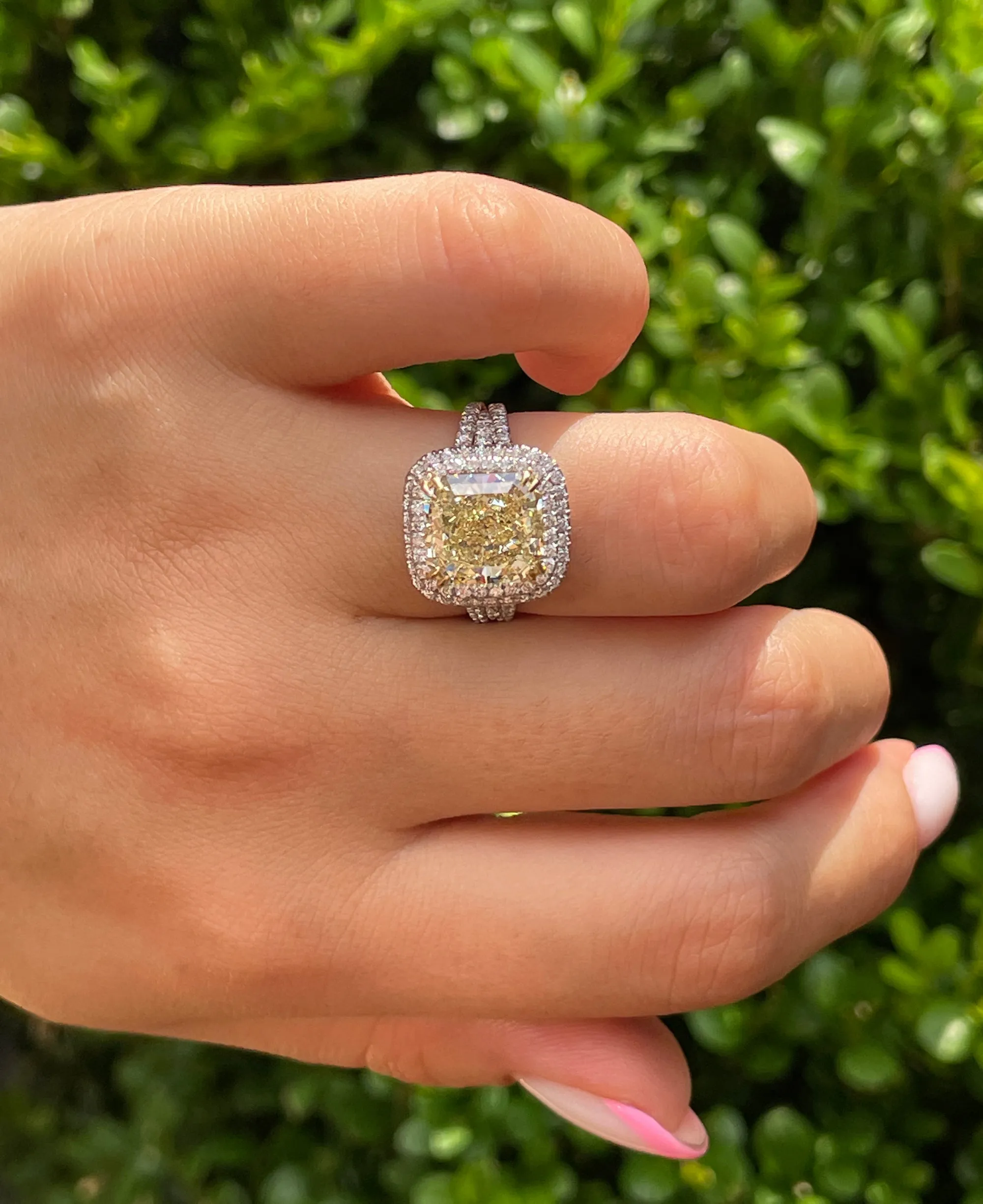 Estate “Canary” 6.03ctw Natural Fancy YELLOW Radiant Cut Diamond Halo Pave 18K Ring